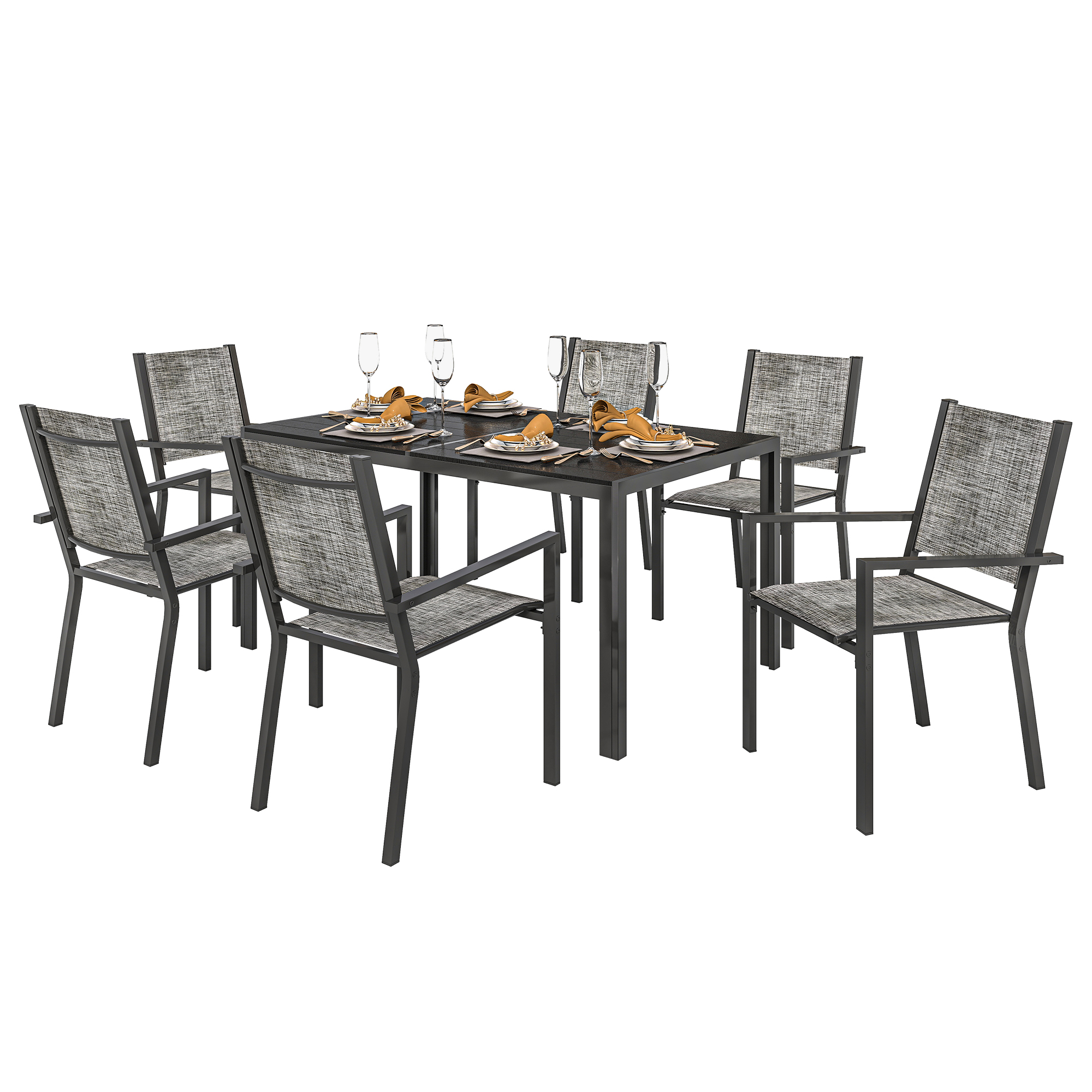 Gradina & balcon -  Set Masa de Gradina cu Scaune, 7 Piese, Set de Pranz cu Masa cu Blat din Lemn Compozit cu sipci si 6 Scaune de Exterior Stivuibile, Mobilier din Otel cu Texteline, Gri si Negru