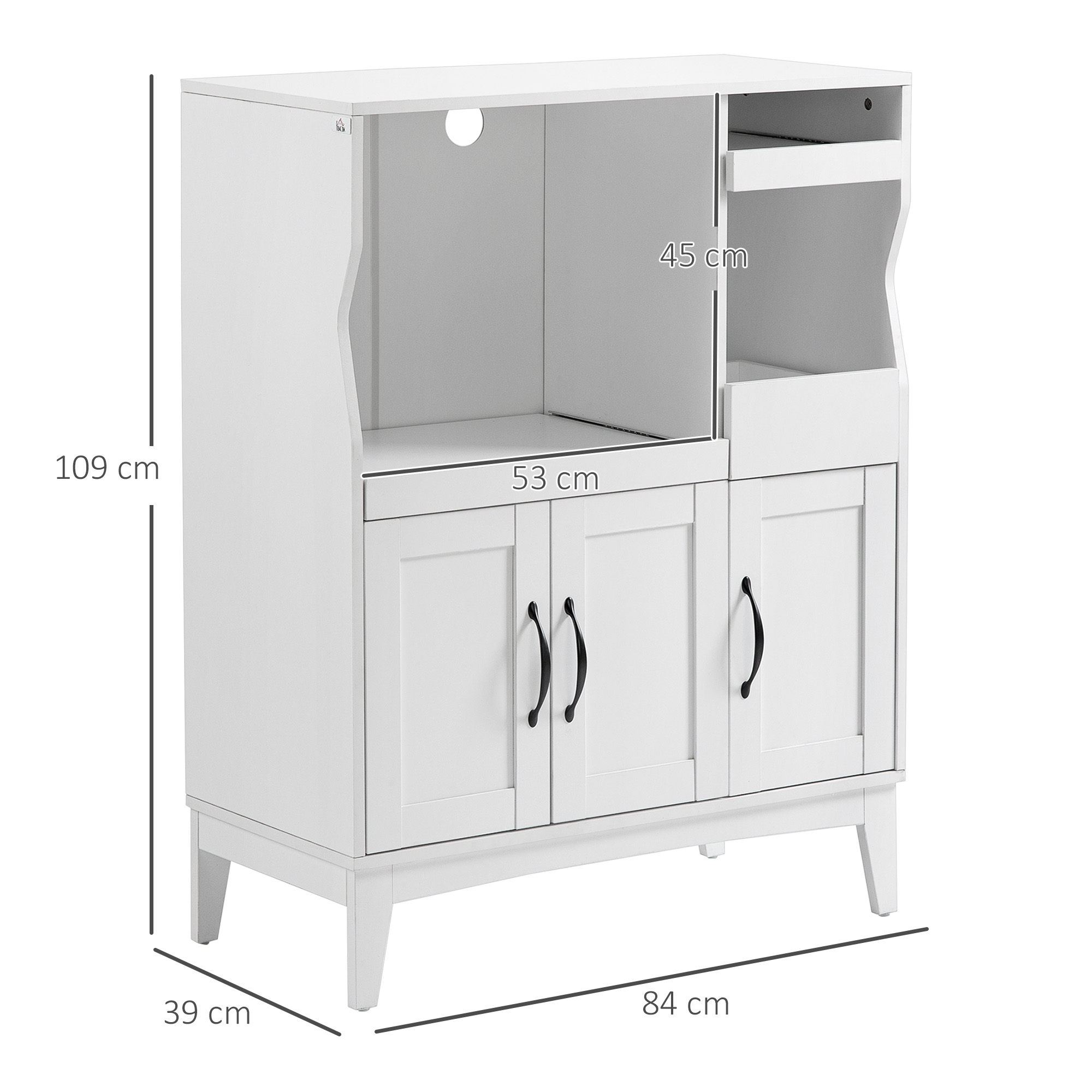  Bufet de Bucatarie cu 2 Dulapuri, Sertar si Rafturi Extensibile pentru Cuptor cu Microunde, 84x39x109 cm, Alb [2]