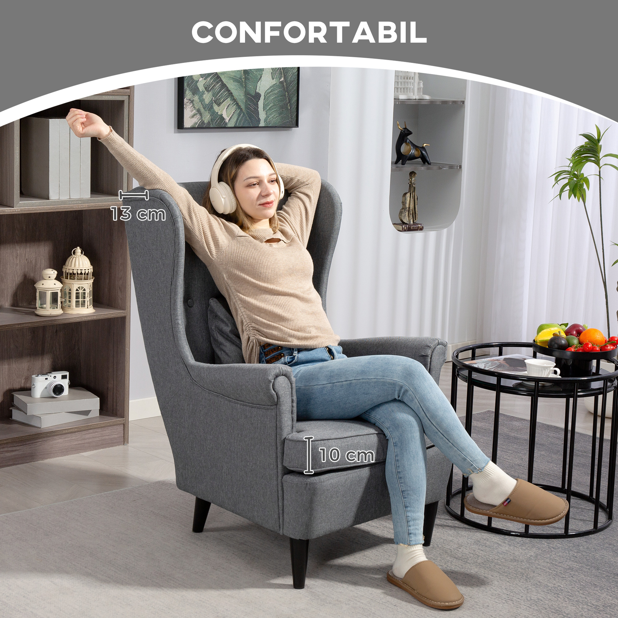  Fotoliu de Sufragerie din Material Textil cu Taburet, Spatar inalt si Perna, Gri [4]