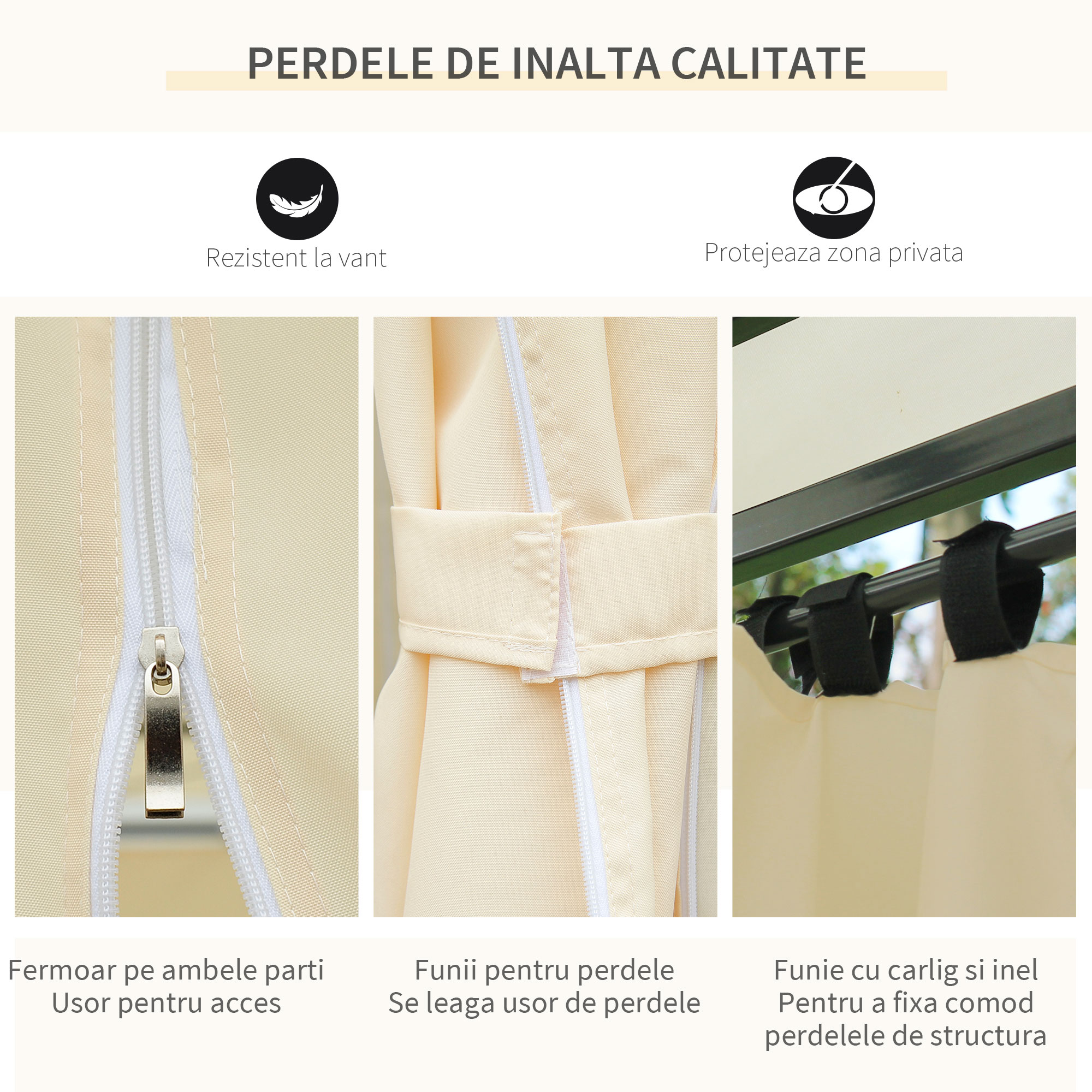  Foisor de Gradina 3x4 m cu Perdele si Acoperis cu 2 Niveluri din Otel si Poliester, Alb Crem [3]