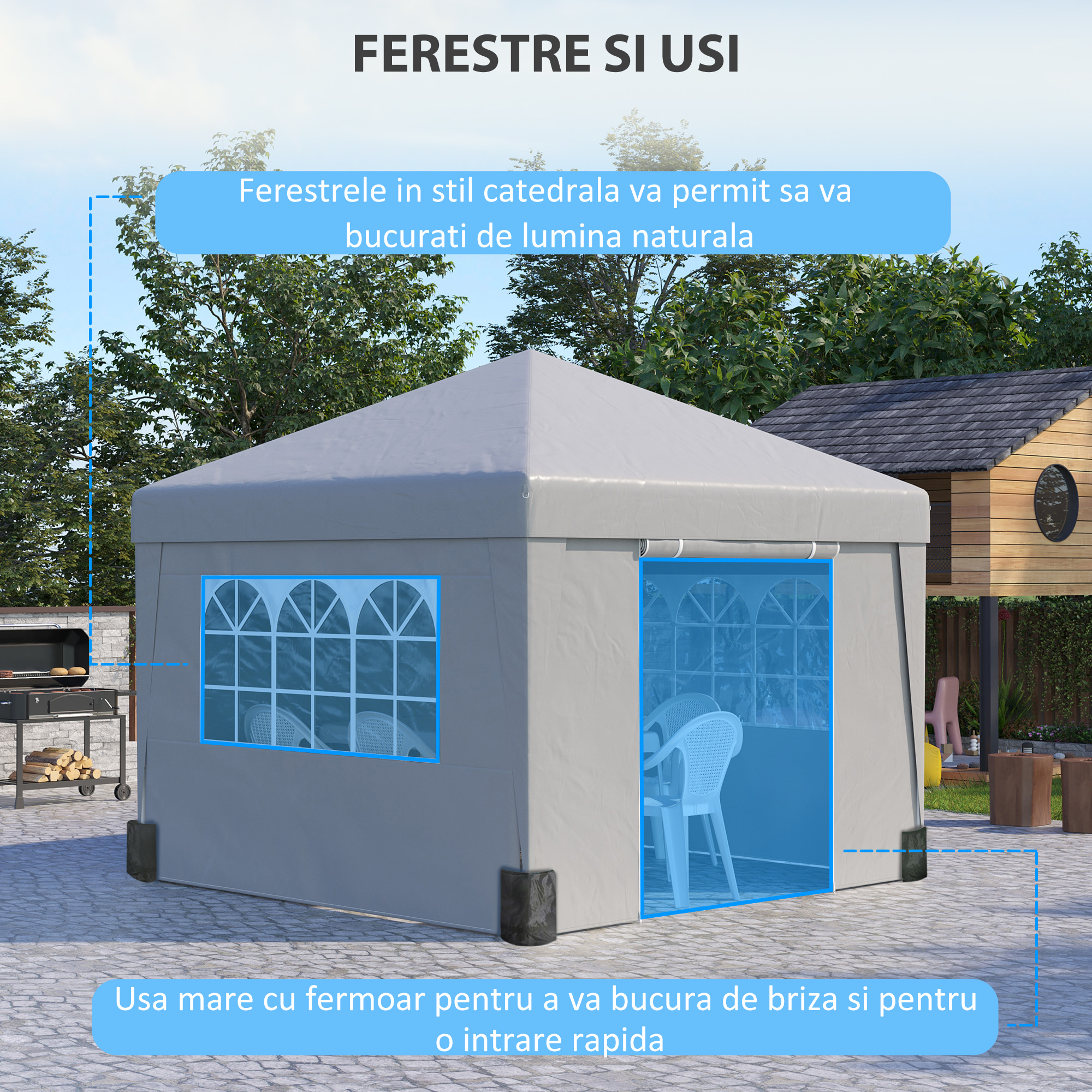  Foisor Pliabil cu inaltime Reglabila, Usi, Ferestre si Geanta de Transport, 298x298x288 cm, Gri Deschis [4]