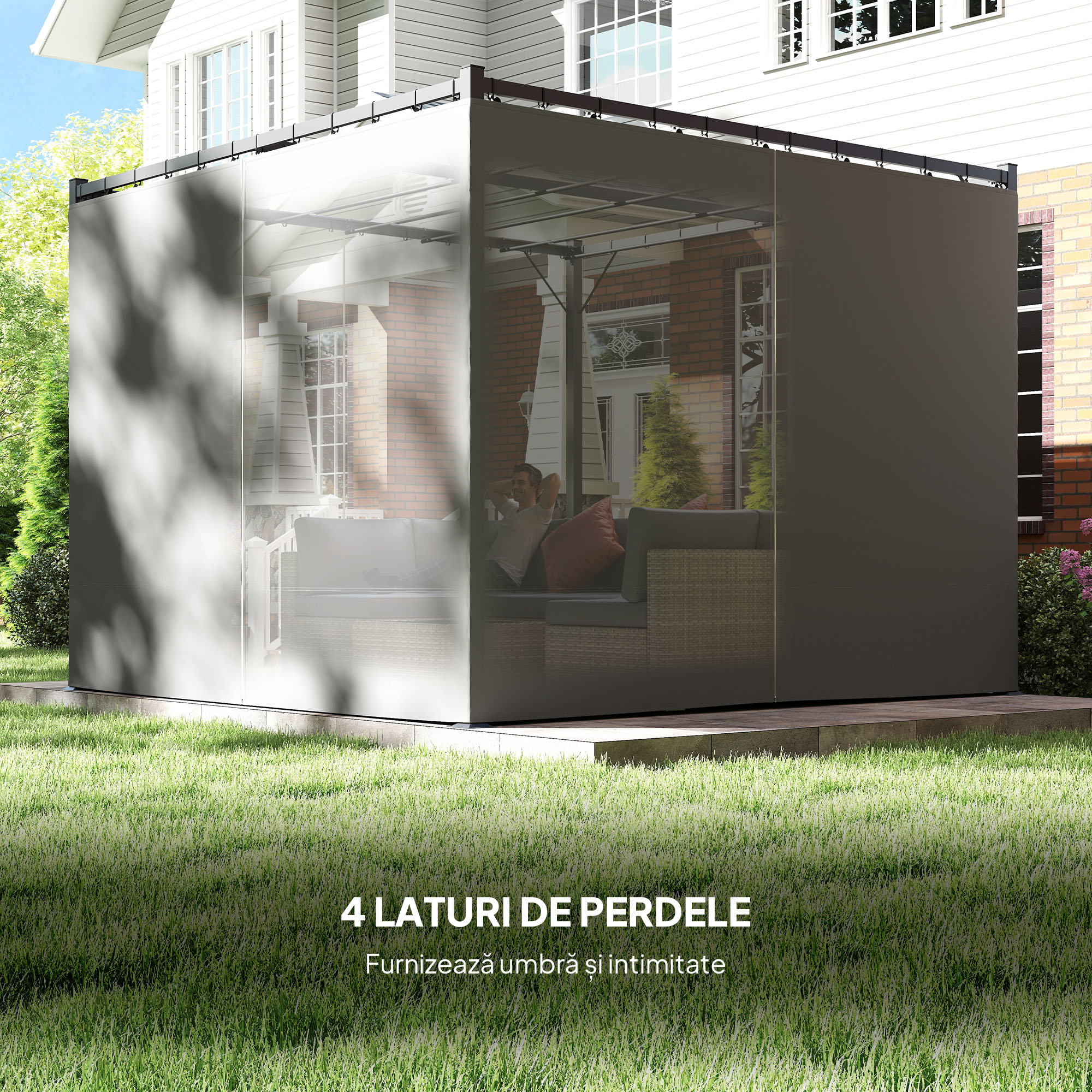  Pergola de Gradina cu Acoperis Retractabil si Draperii, din Metal si Poliester, 300x300x227 cm, Gri Deschis [4]
