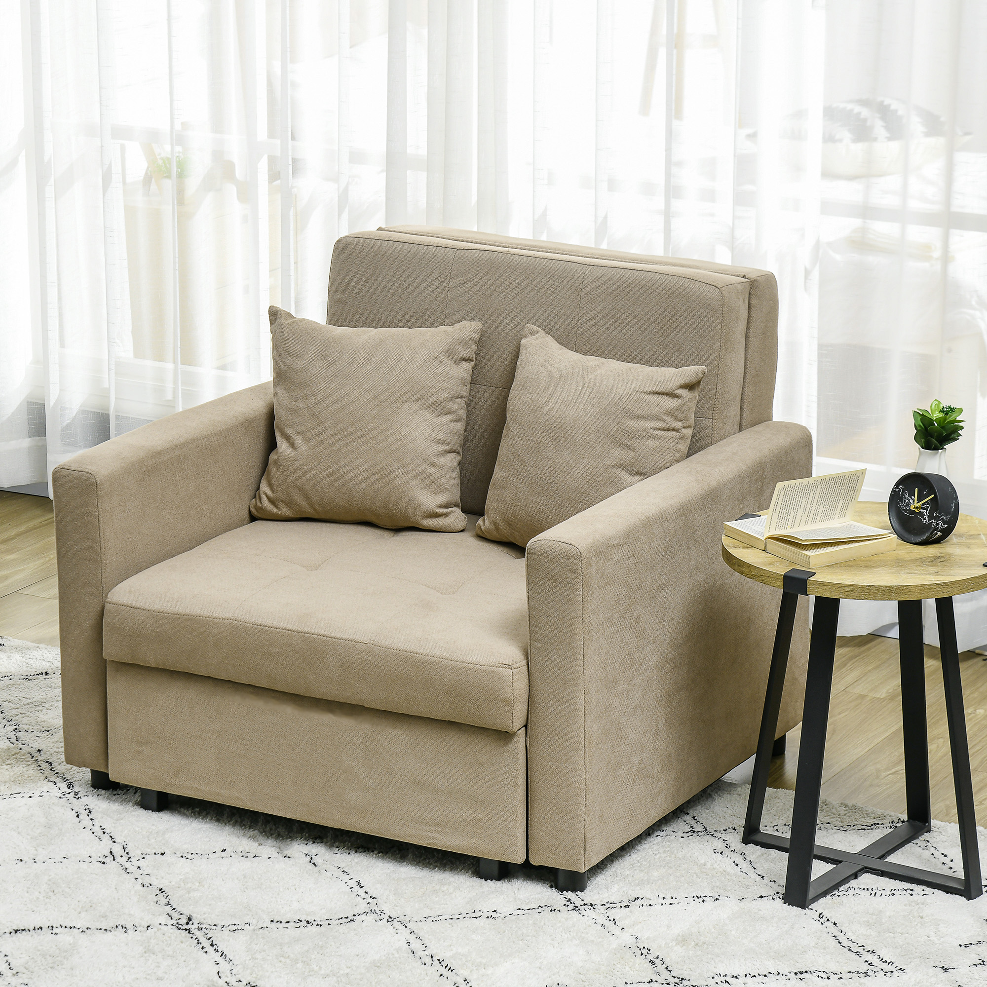  Fotoliu Pat Individual cu 2 Perne si Spatiu de Depozitare, Canapea Extensibila, 100x98x88 cm, Maro Deschis [1]