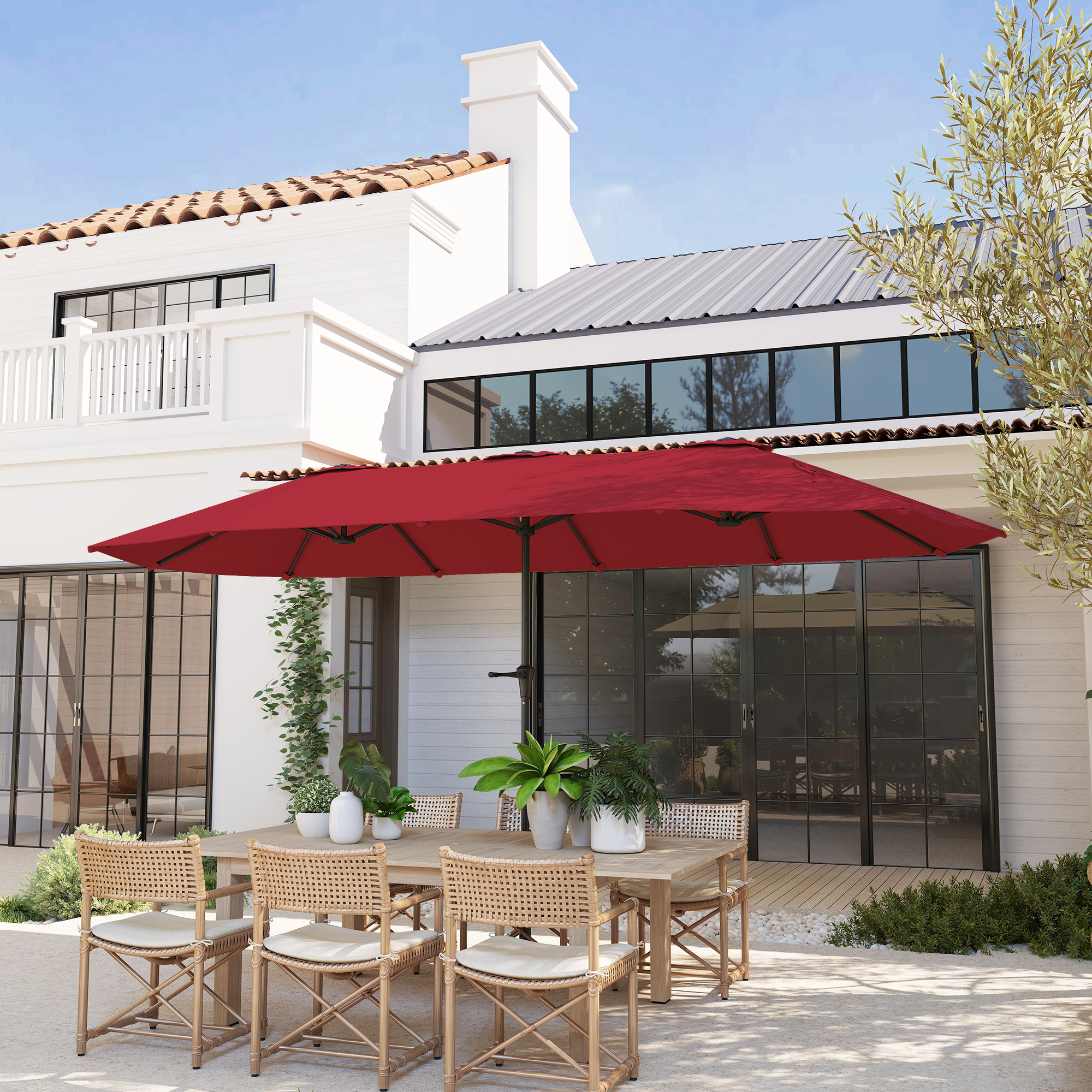  Umbrela Dubla de Gradina cu 12 Spite, Orificii de Ventilatie si Manivela, 400x220x234 cm, Rosu Vin [1]