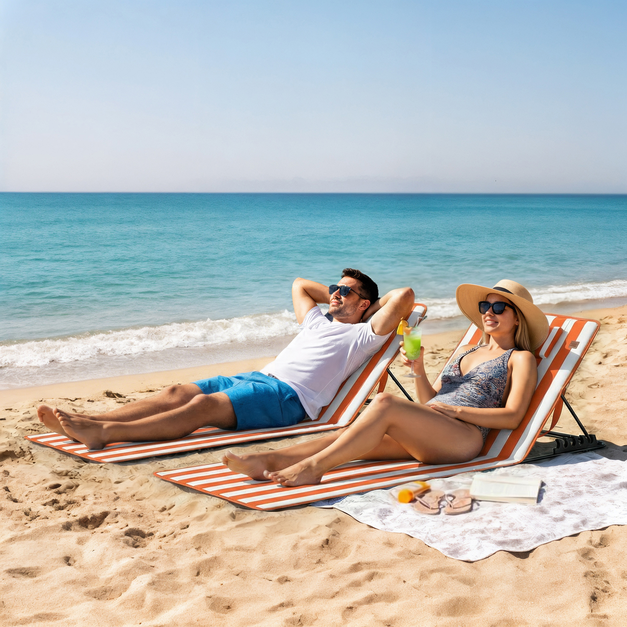  Set 2 sezlonguri Pliabile Portabile pentru Plaja, Spatar Reglabil, Portocaliu. [1]