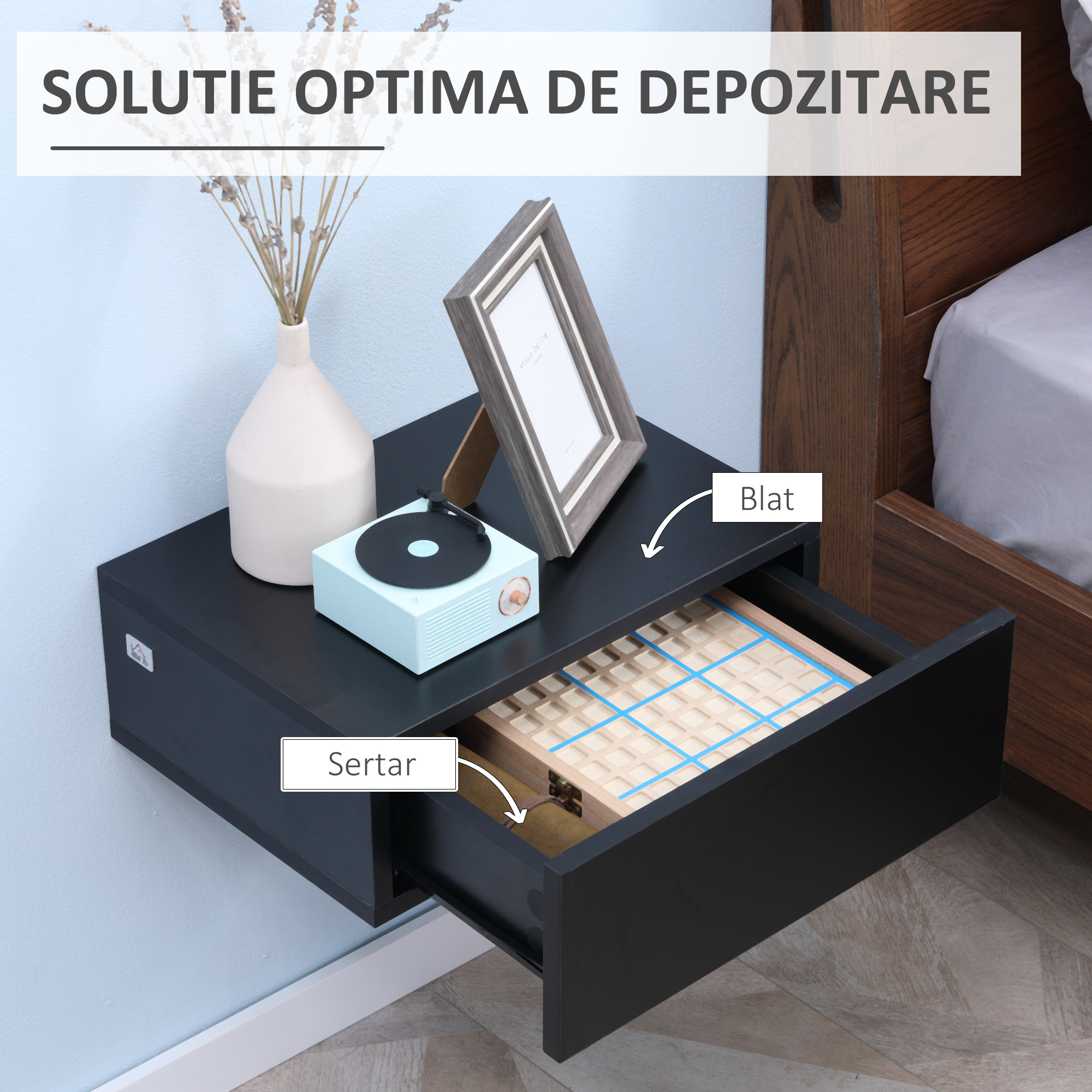  Set 2 Noptiere Suspendate Moderne din Lemn pentru Dormitor, 40x30x15cm, Negru [4]