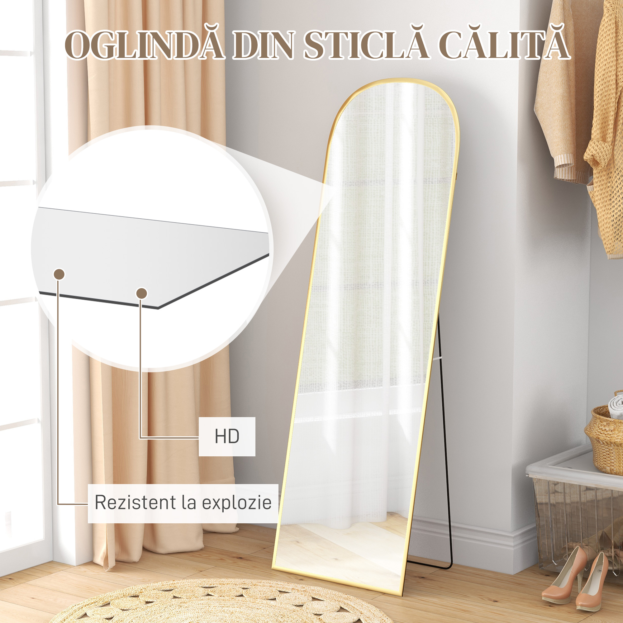  Oglinda de Podea si Perete cu Suport Pliabil, 50x170cm, Auriu [4]