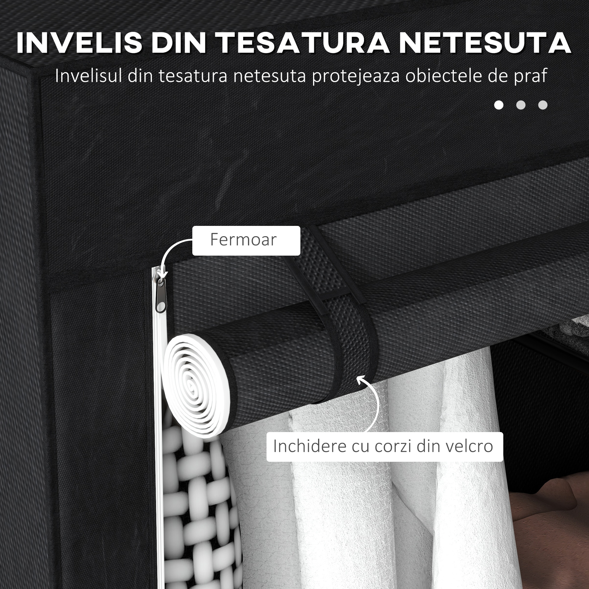  Dulap Portabil din Material, Dulap cu 6 Rafturi Deschise, 1 Bara si Usa cu Fermoar, 103x43x162,5 cm, Negru [4]