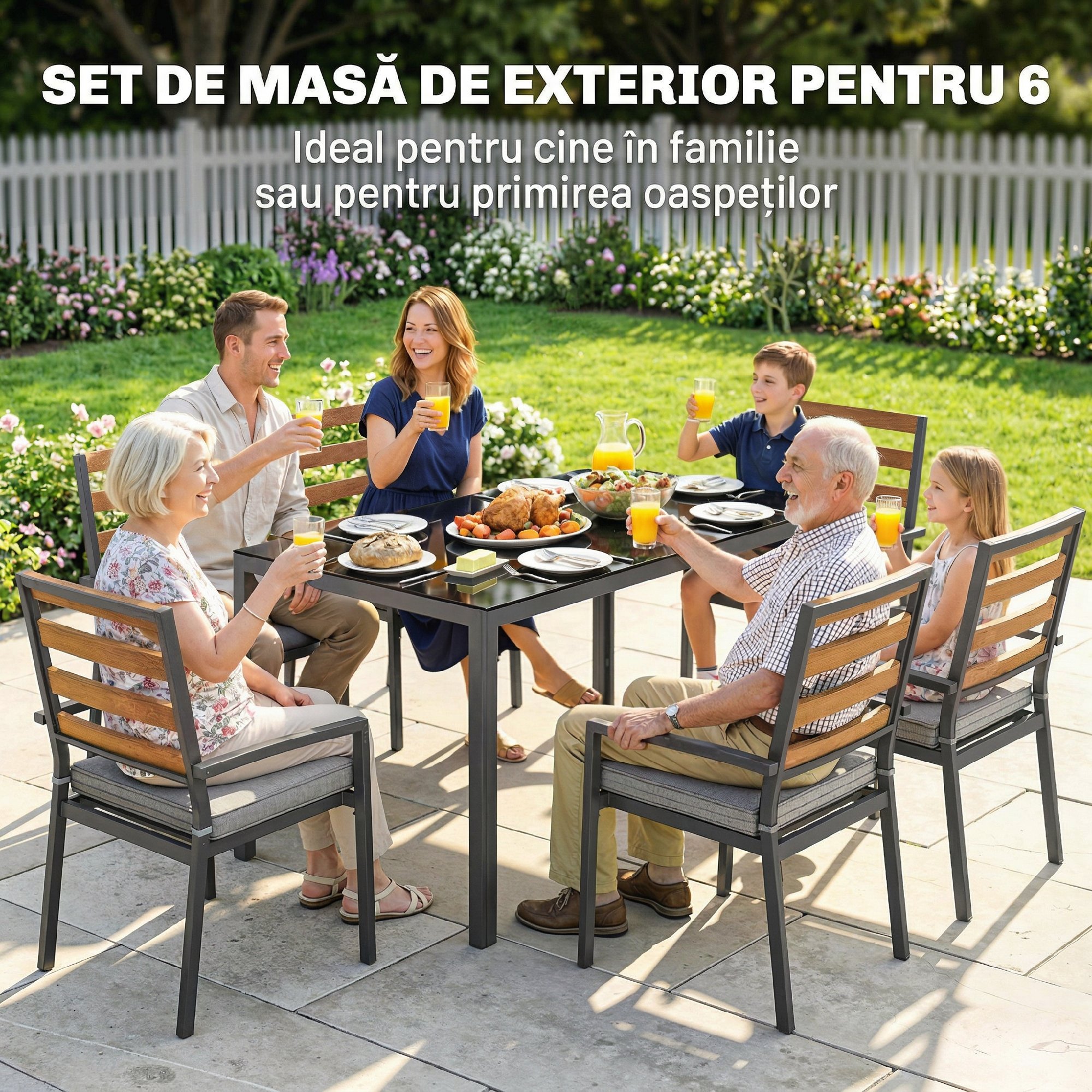  Set Masa si Scaune de Gradina 7 Piese, Set pentru Pranz in Aer Liber cu Masa Dreptunghiulara din Sticla Securizata, 6 Scaune, Perne, Cadru din Otel Zincat pentru Terasa Balcon, Negru [3]