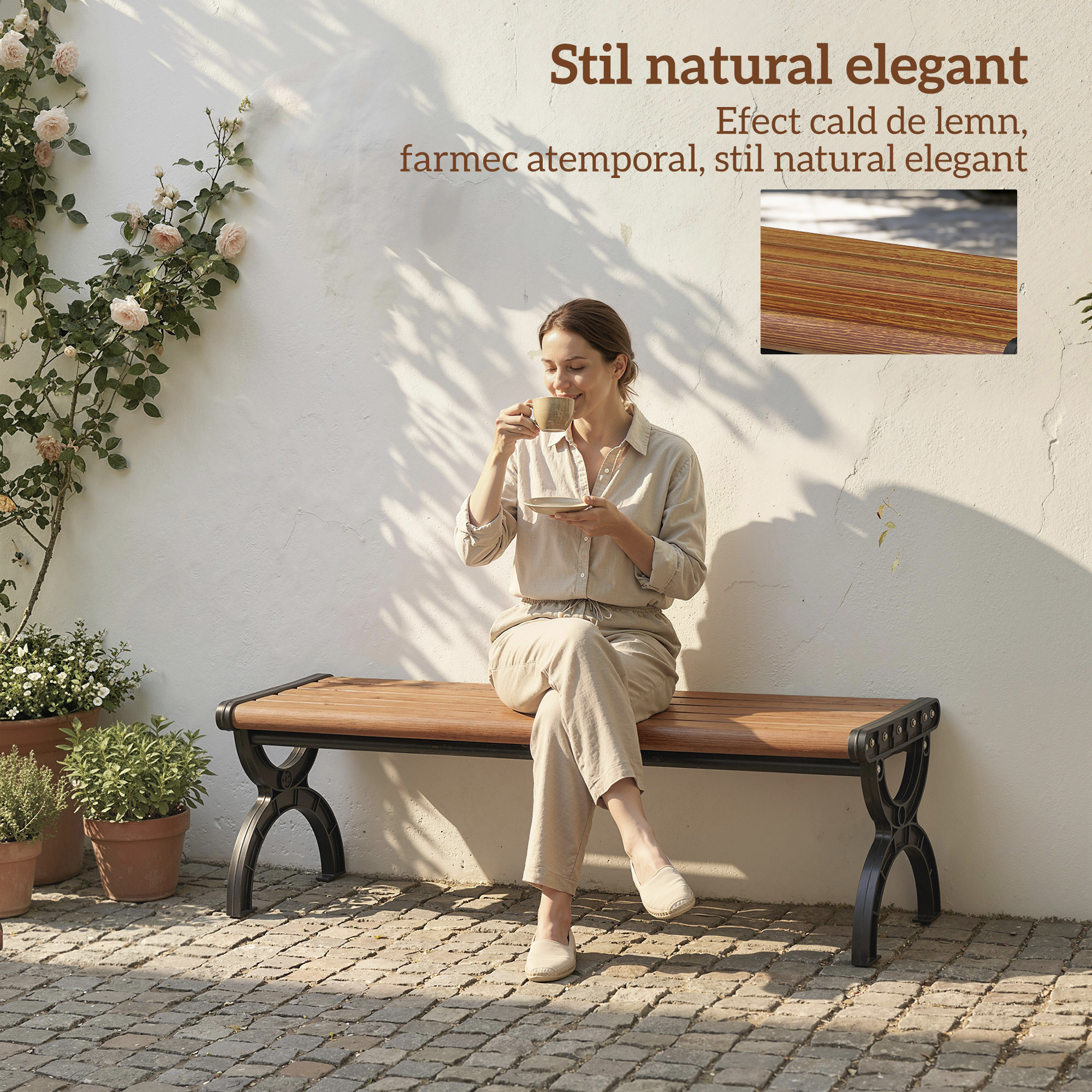  Banca de Gradina 2 Locuri, Banca cu Cadru din Metal si Efect de Lemn, Mobilier pentru Gradina, Terasa, Parc [6]