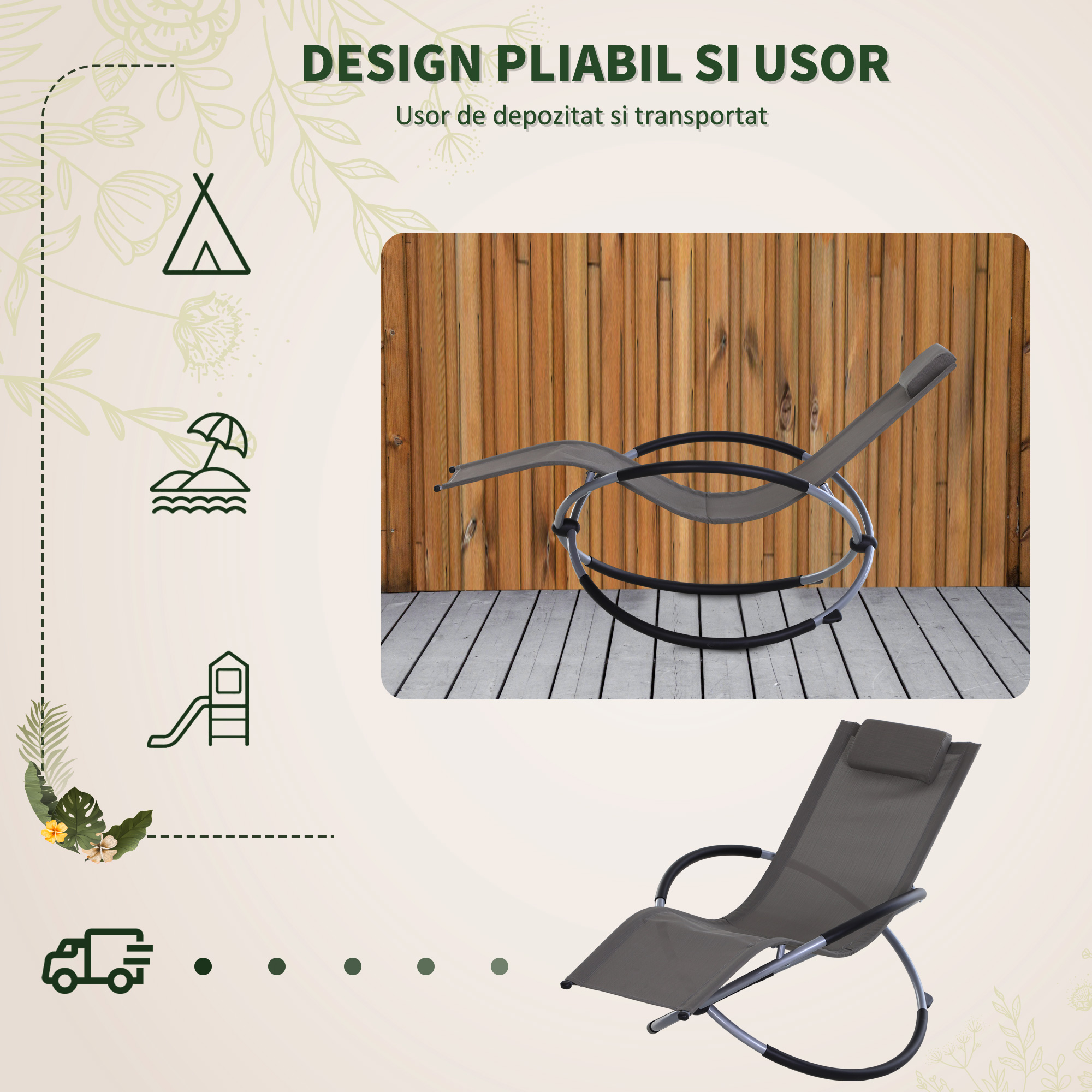  Scaun Balansoar din Texilene Zero-Gravity Gri 154x80x84cm [5]