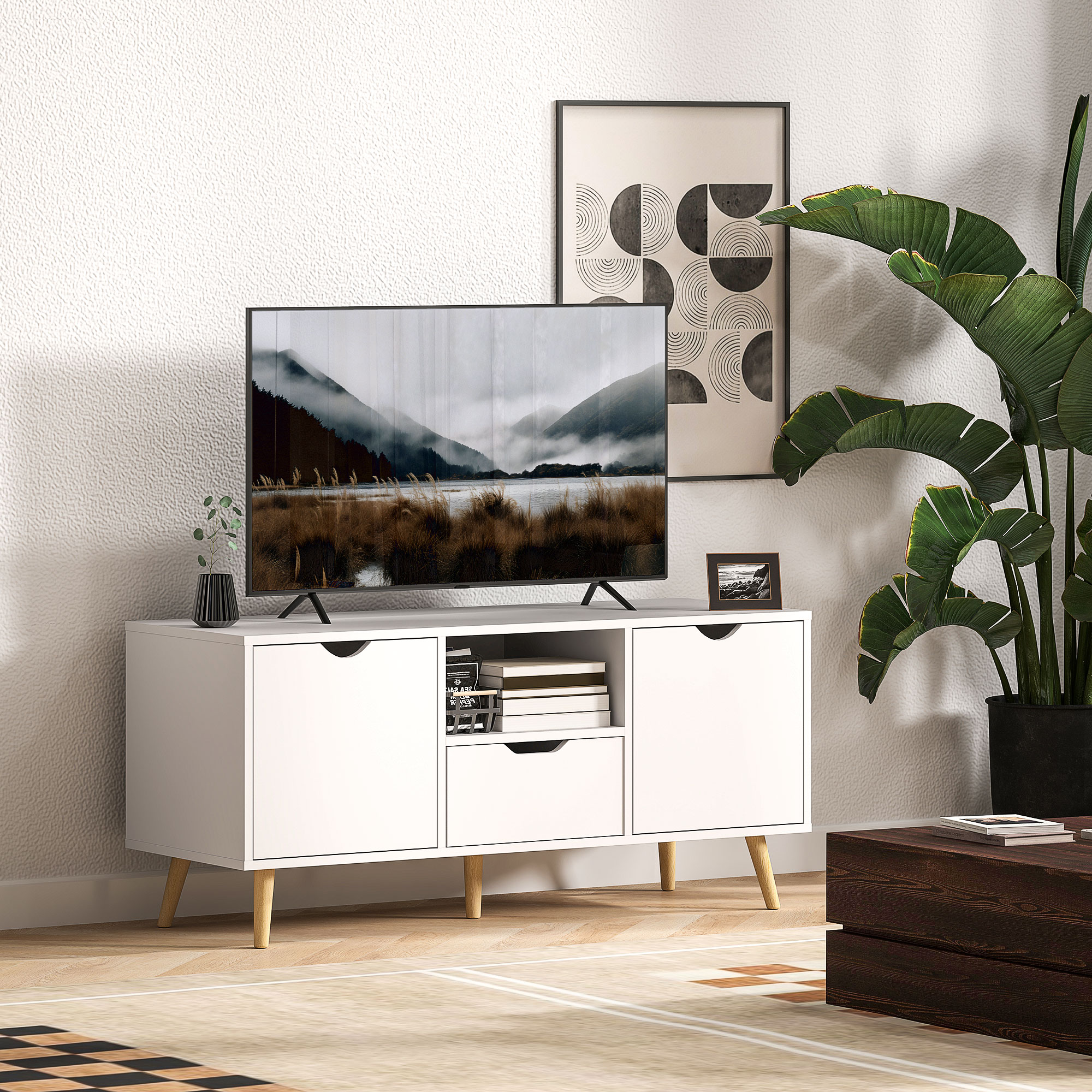  Mobilier TV de 50" cu Sertar, Raft Deschis si 2 Dulapuri, Mobilier TV cu 5 Picioare din Lemn, 110x40x50 cm, Alb [1]