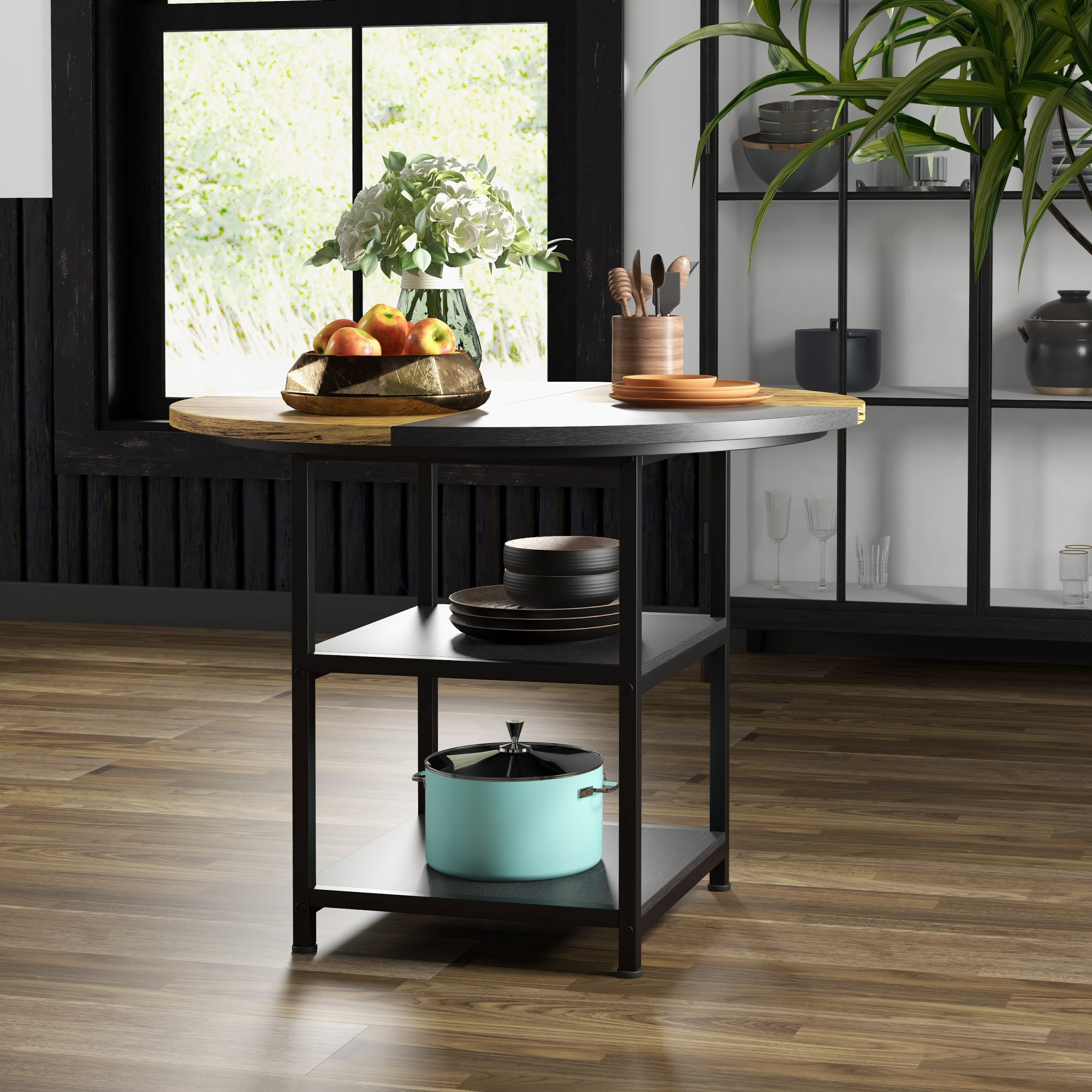  Masa Rotunda de Luat Masa pentru Persoane Masa Industriala pentru Bucatarie cu Rafturi de Depozitare pentru Sufragerie Negru [6]