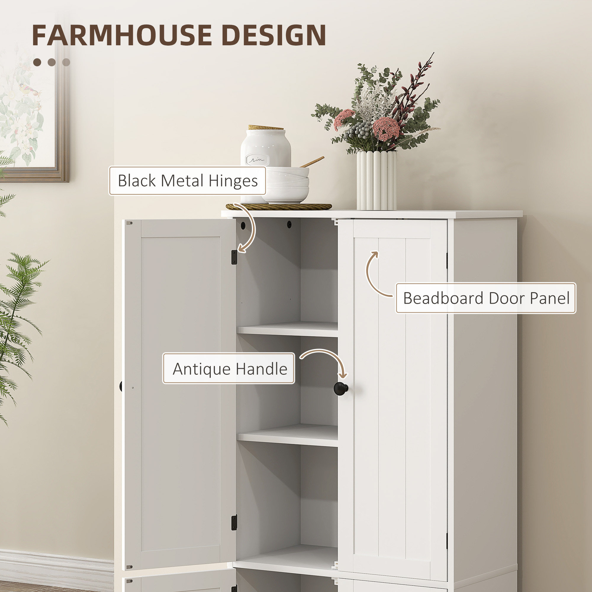  Bufet de Bucatarie cu 4 Usi si 2 Dulapuri si Raft Reglabil, Alb [4]