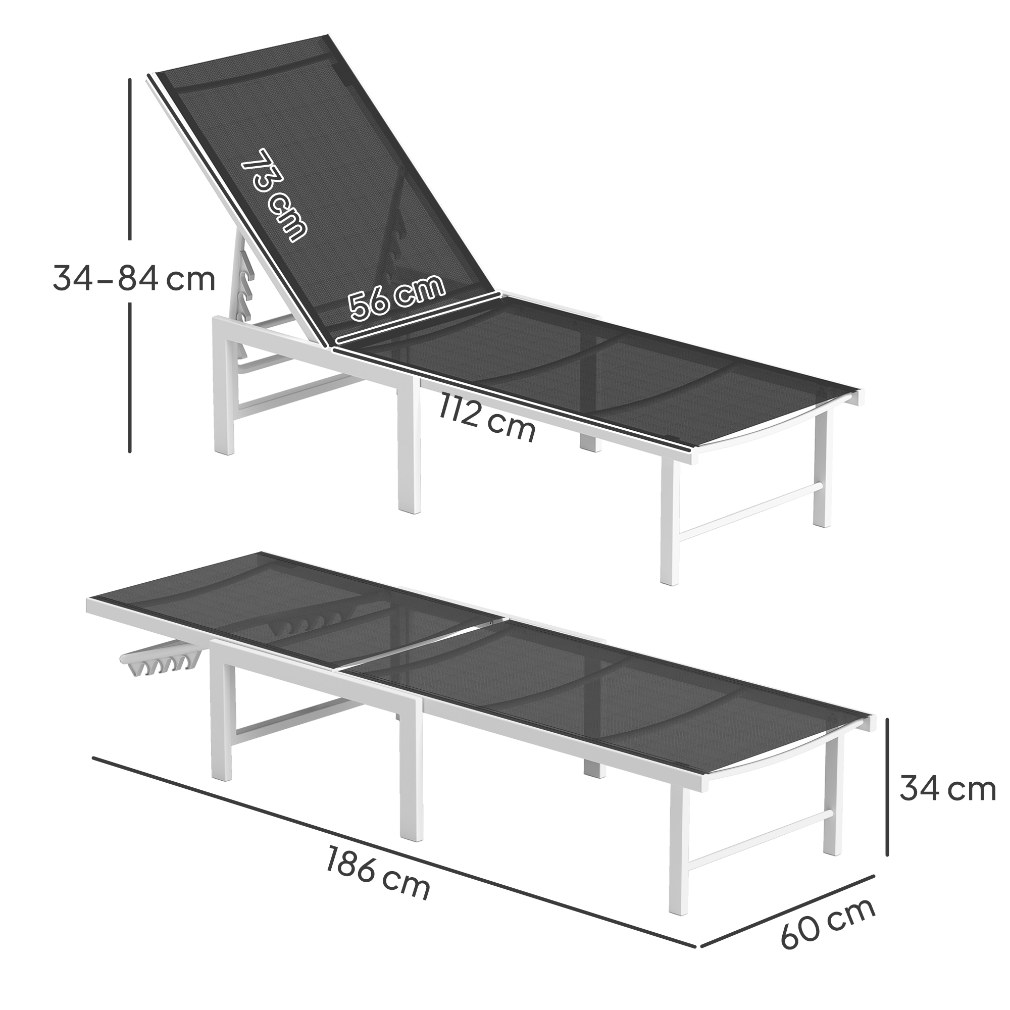  sezlong cu spatar reglabil pe 5 niveluri, din otel si textilen, 60x166x84 cm, alb si gri [2]