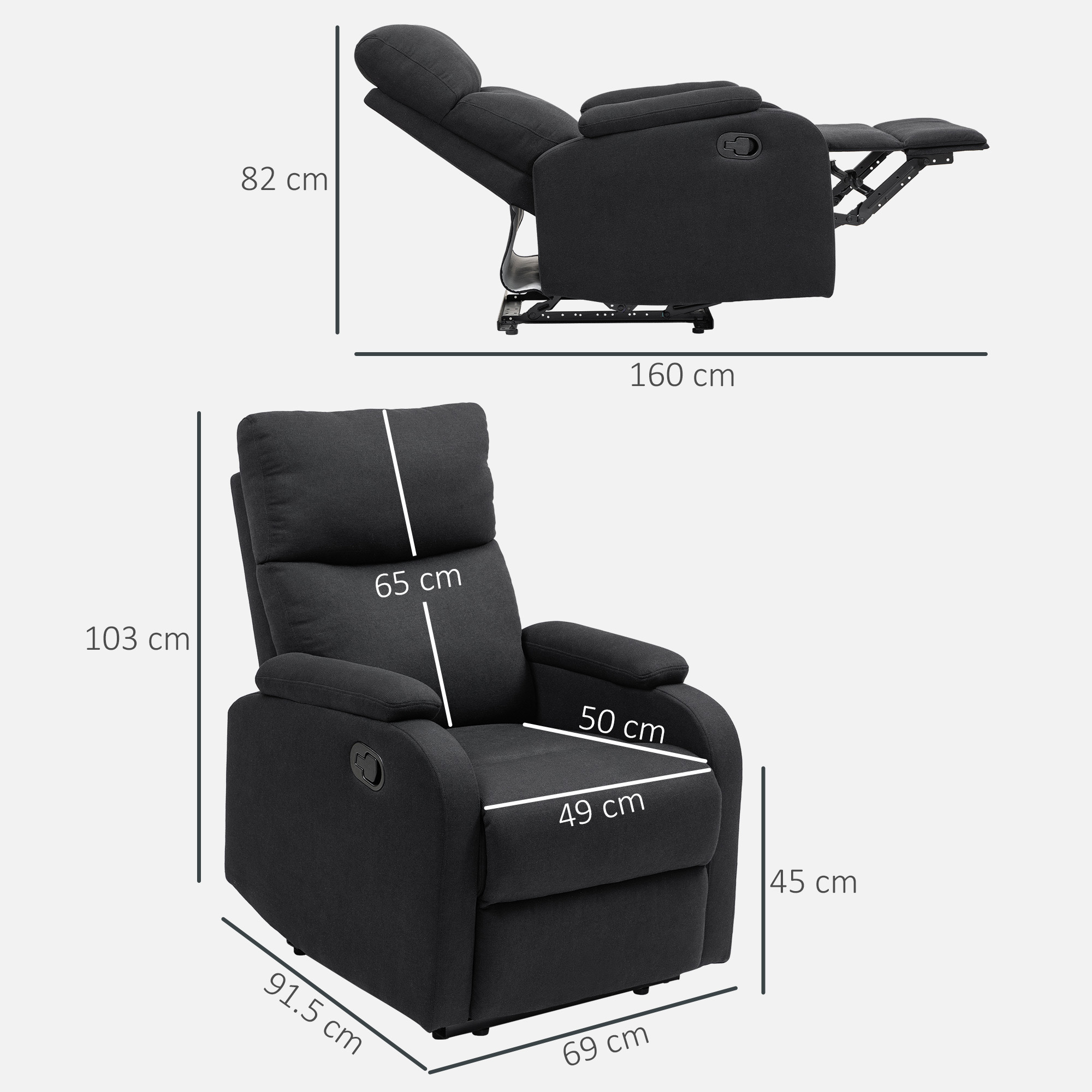  Fotoliu Recliner din In cu Suport Reglabil pentru Picioare, 69x91,5x103 cm, Negru [2]