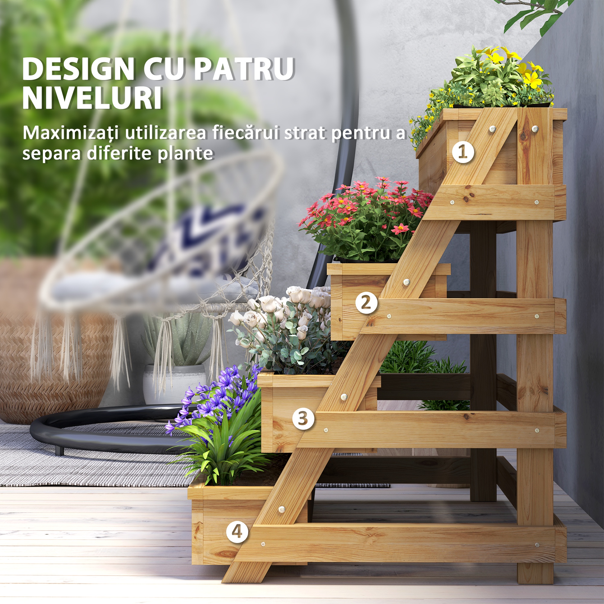  Jardiniera inaltata cu 4 niveluri, cu orificii de drenaj si material netesut, din lemn de brad, 75x57x60,5 cm [3]