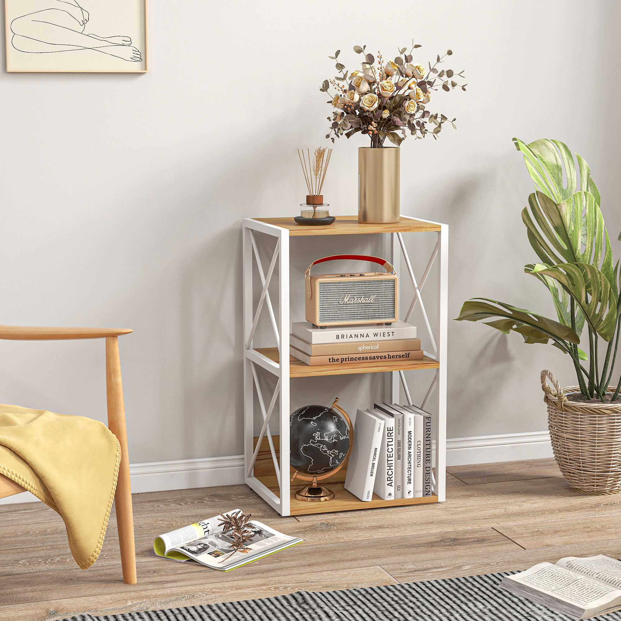  Mobilier Rastel Librarie 3 Rafturi cu Schelet in Otel Alb si Rafturi in Lemn 40x35x72.5cm [1]