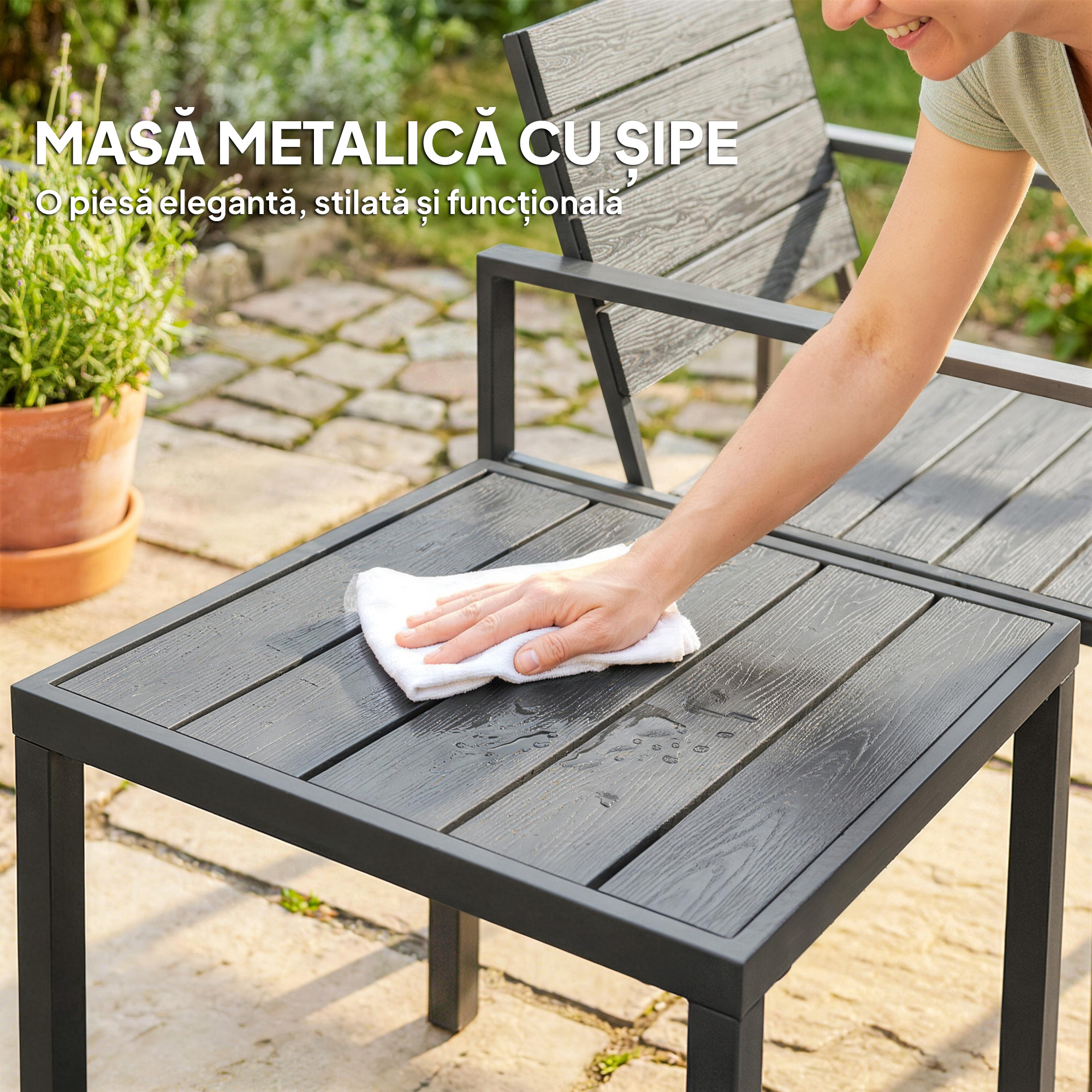  Set de Gradina 3 piese cu 2 Scaune de Exterior si Masuta de Cafea, din HDPE si Metal, Gri inchis [5]