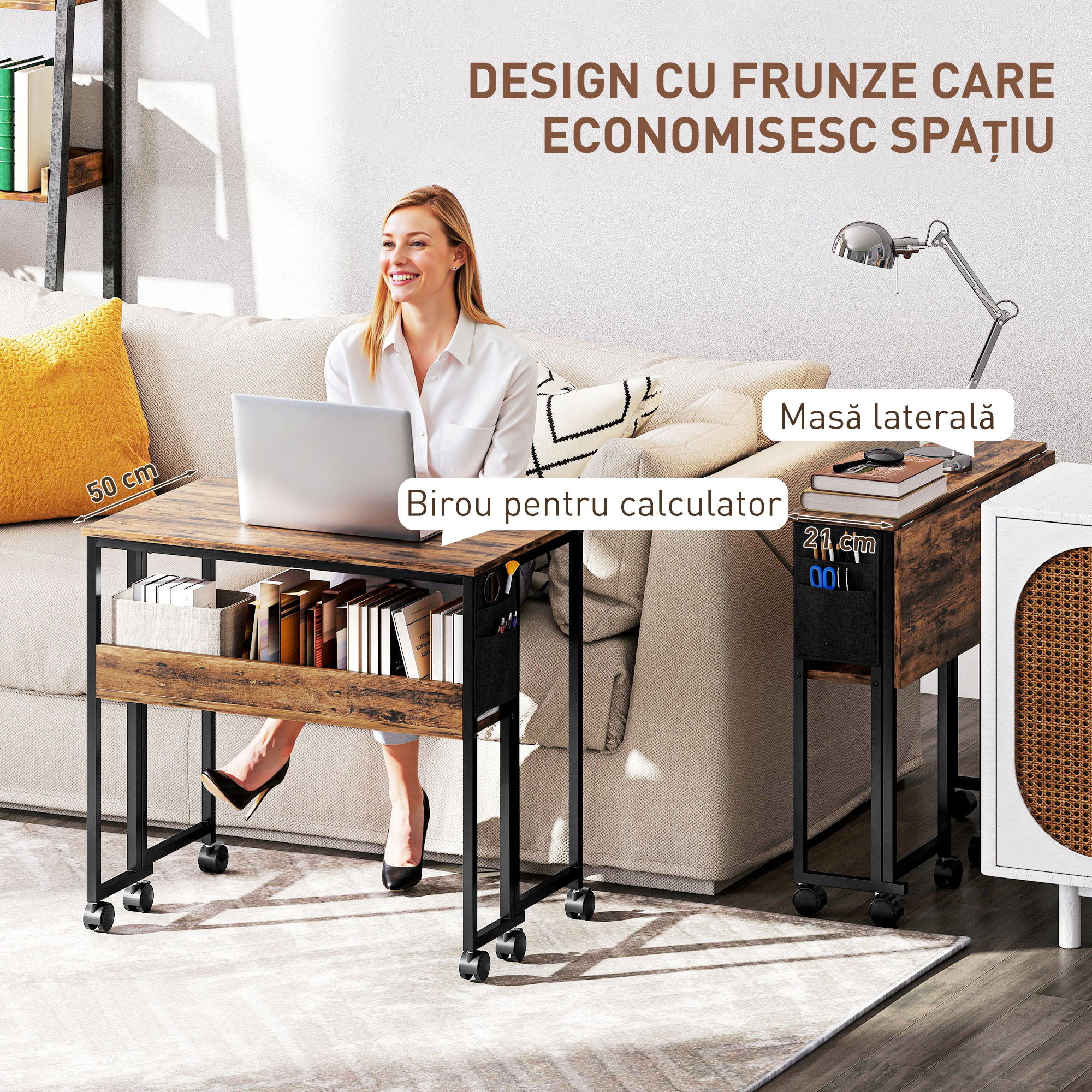  Birou Pliabil cu Raft Deschis si Buzunar Lateral, din Lemn si Otel, 80x50x75 cm, Maro si Negru [3]