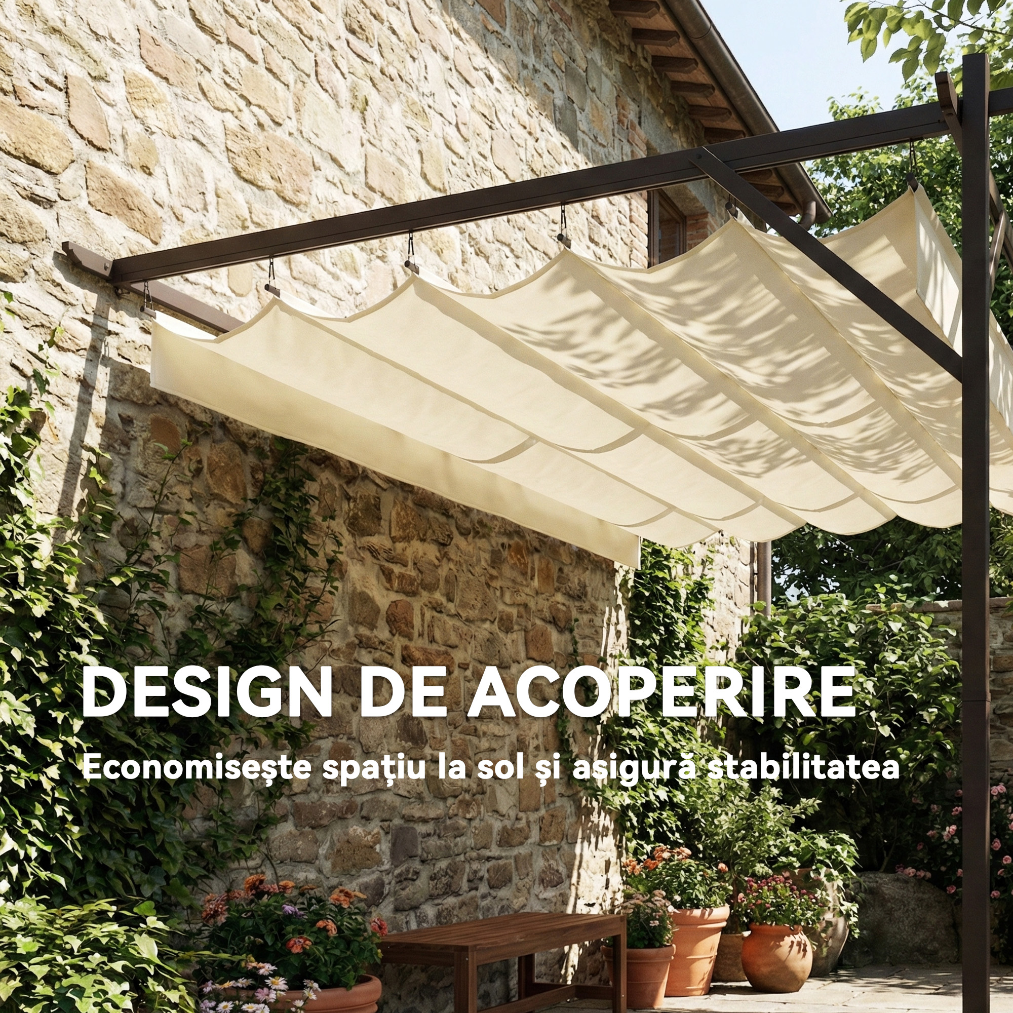  Pergola Gazebo Montata pe Perete 3x4 m cu Acoperis Retractabil, Orificii de Drenaj, Pergola de Gradina din Poliester si Otel, pentru Terasa, Patio, Exterior, UV30+, Crem [3]