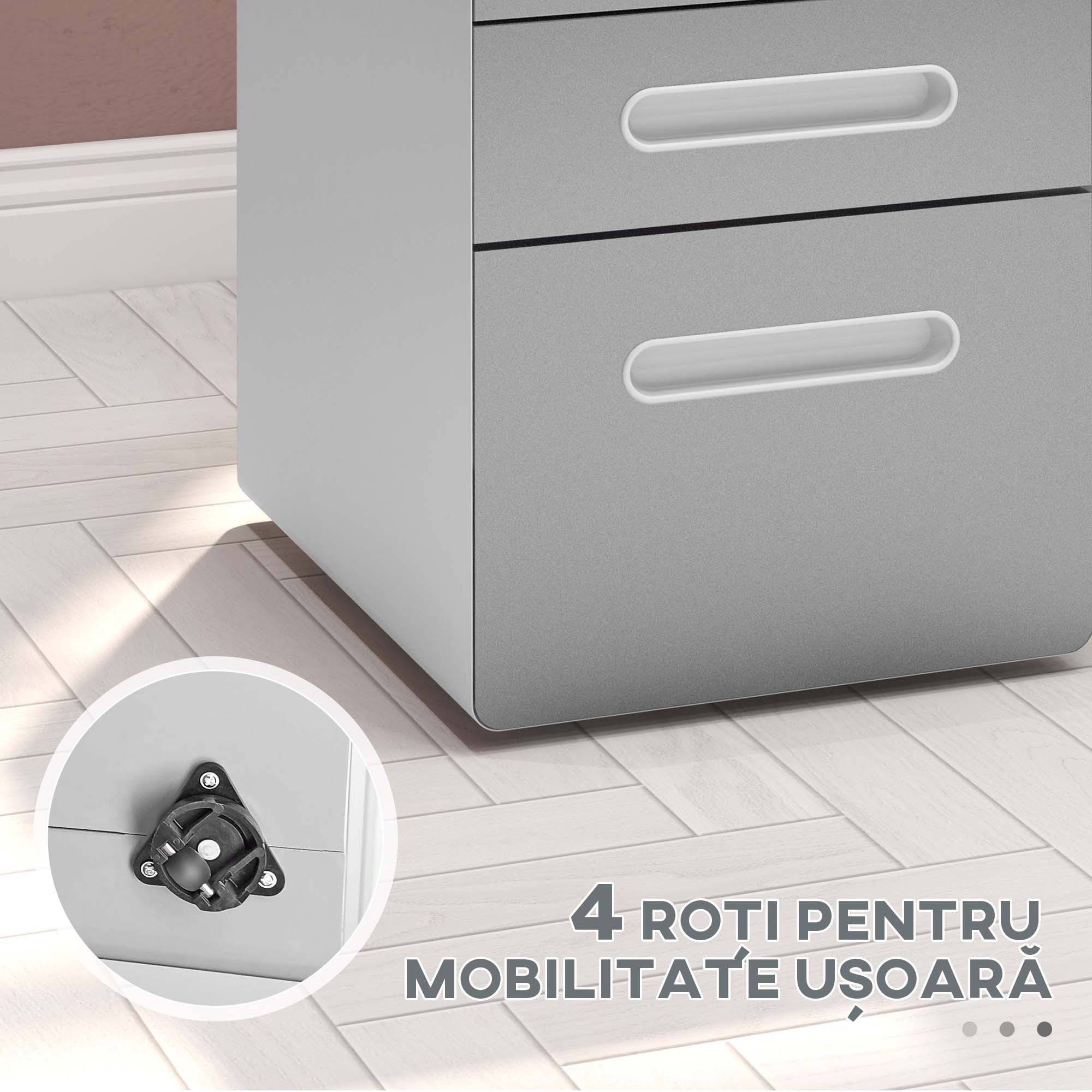  Comoda de Birou cu 3 Sertare cu incuietoare si Rotile pentru Documente, 39x48x59 cm, Gri Deschis [4]