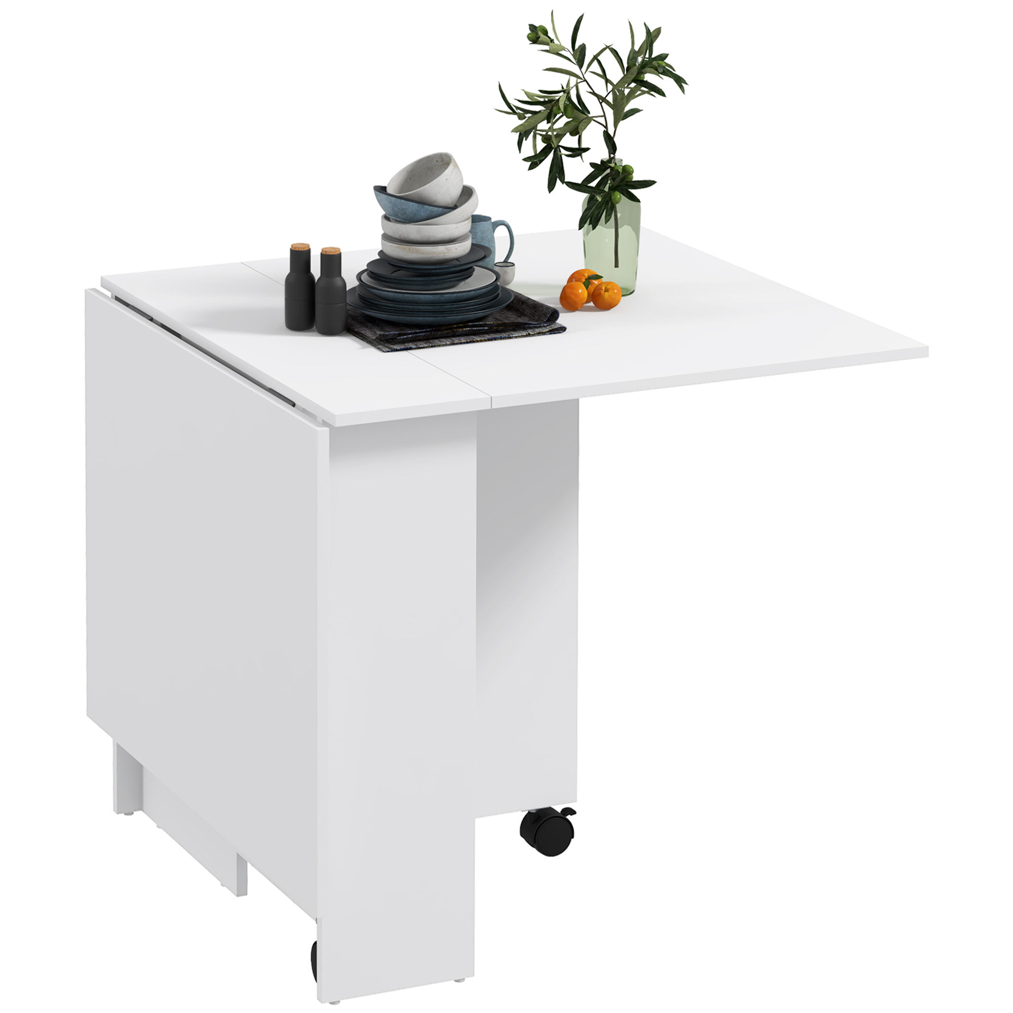 Bucatarie -  Masa Pliabila Compacta cu 2 Extensii pentru 6 Persoane, cu Rafturi si Roti, Alba