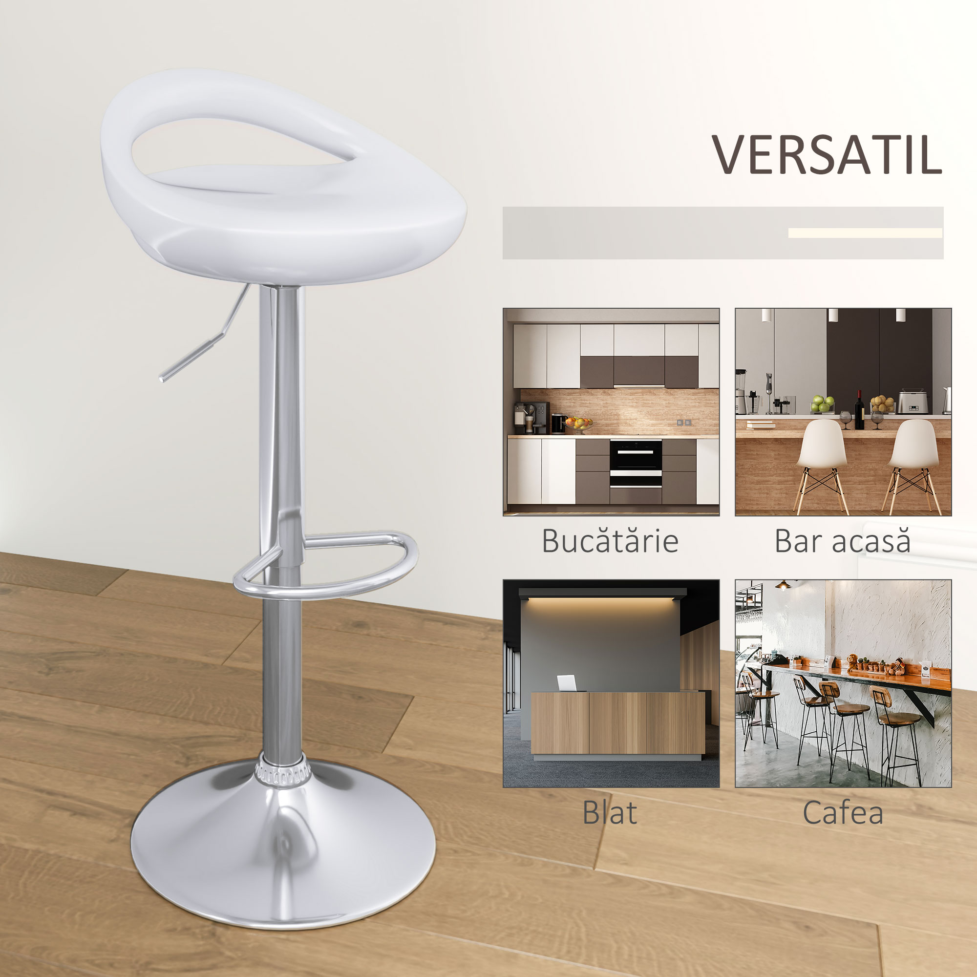  Set 2 Scaune de Bar Rotative cu Suport pentru Picioare si inaltime Reglabila, 46x41x76-96 cm, Alb [6]