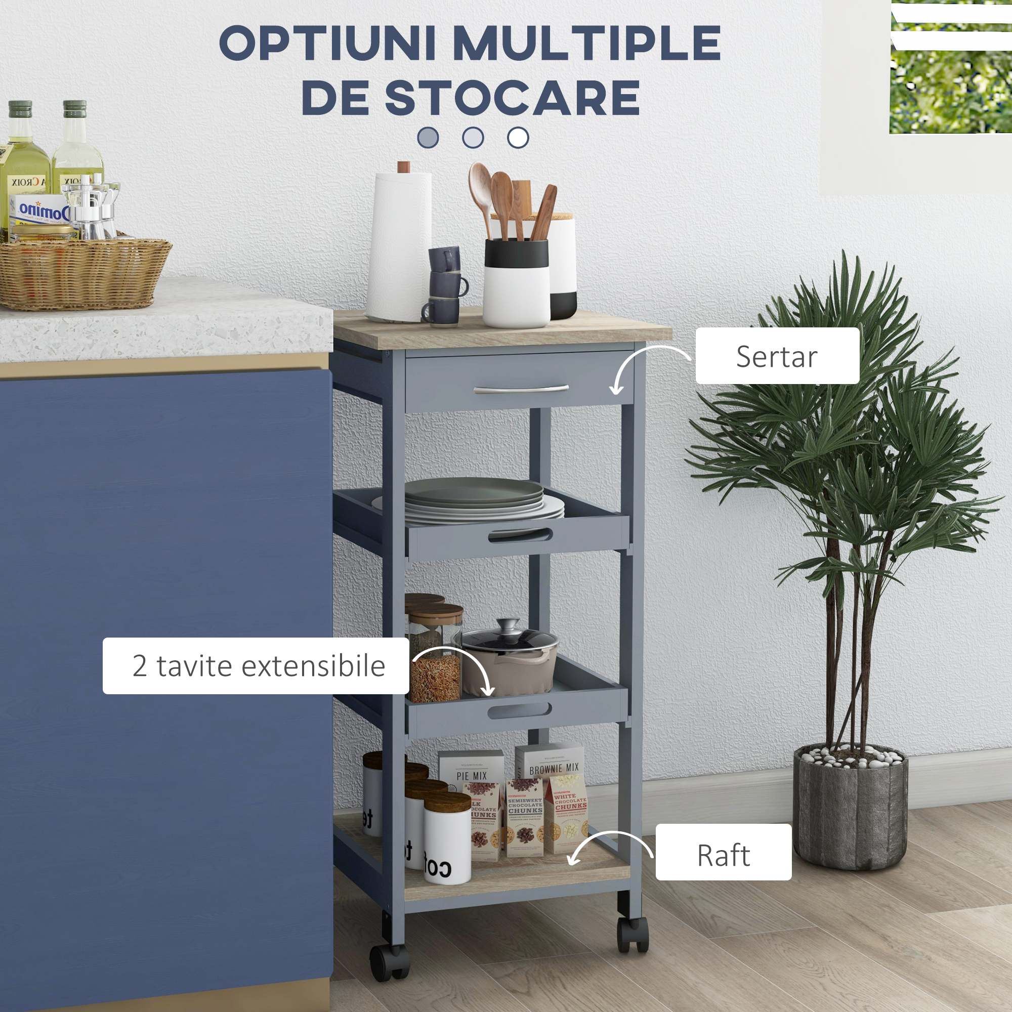  Carucior de Bucatarie cu Sertar, 2 Tavi Detasabile si Raft Fix, din Lemn de Pin si MDF, 37x37x76 cm [3]