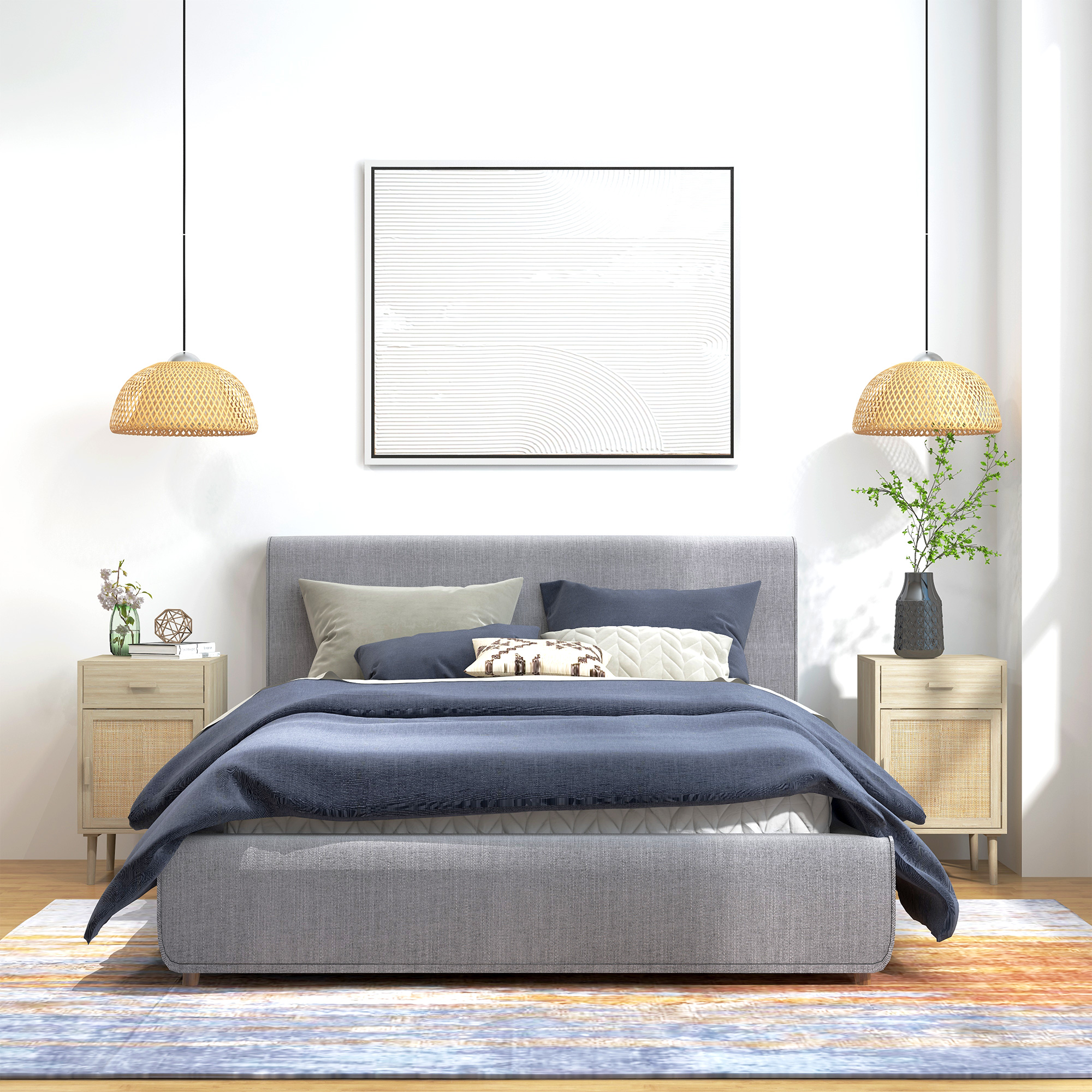  Set 2 Noptiere pentru Dormitor cu Sertar si Usa din Ratan, Stil Boho, Culoare Lemn [1]