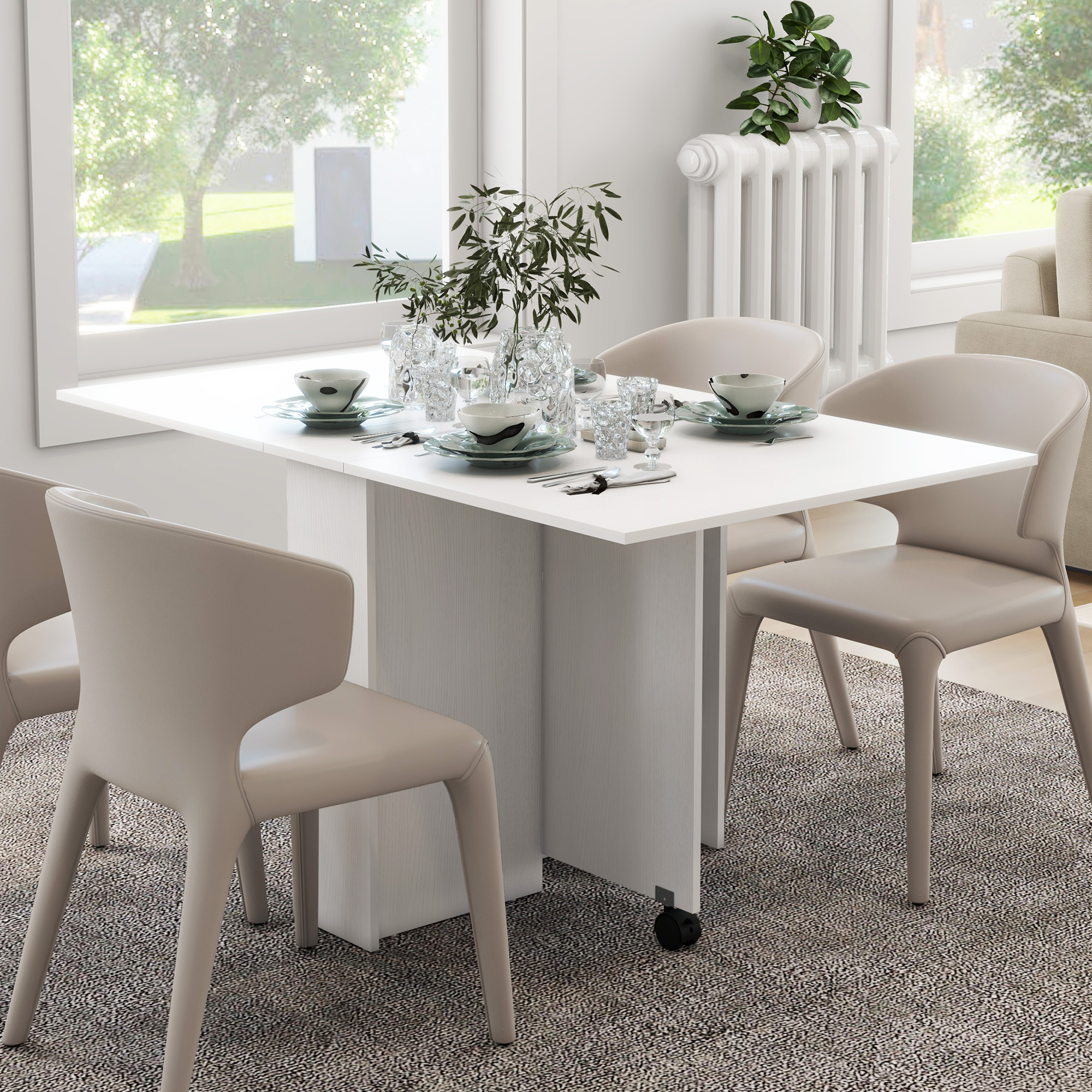  Masa Pliabila Compacta cu 2 Extensii pentru 6 Persoane, cu Rafturi si Roti, Alba [8]