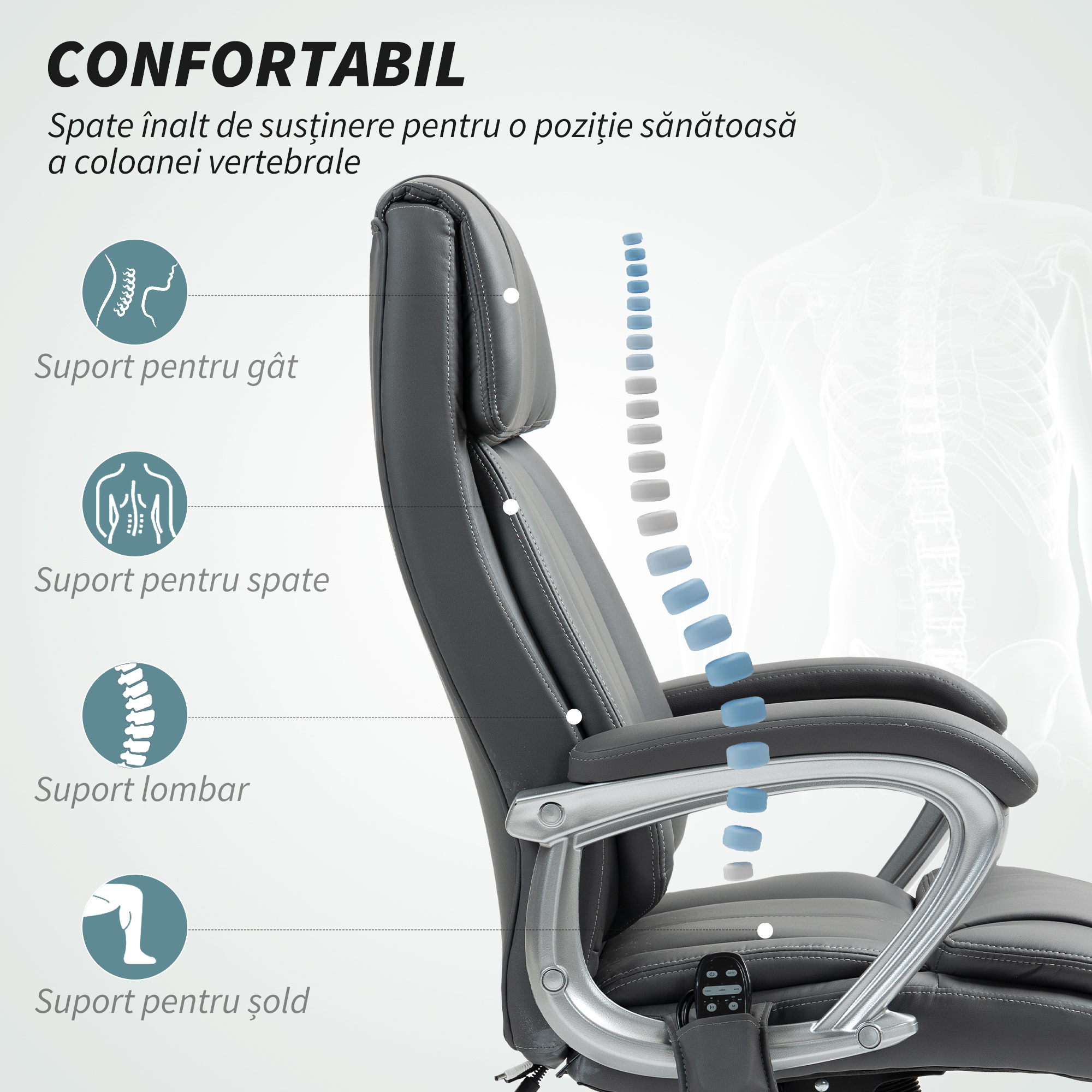  Scaun de Birou cu Masaj in 6 Puncte, Vibrant si inclinabil, cu Buzunar si Telecomanda, 66x72x113-121 cm, Gri [4]