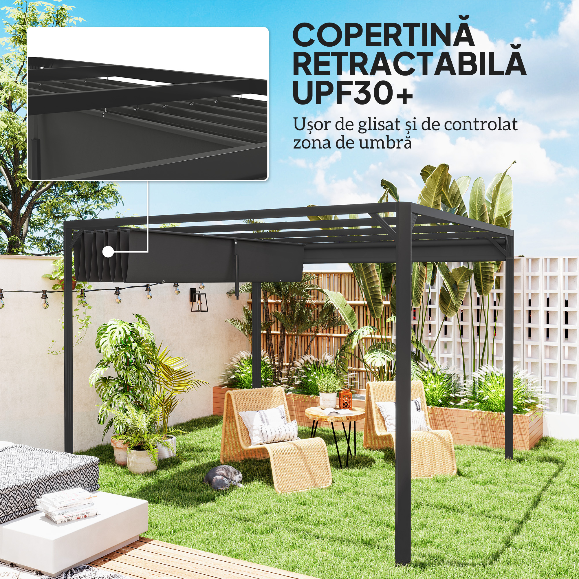  Gazebo Pergola cu Copertina Rulabila de Protectie si Orificii de Drenaj, 300x300x227 cm, Gri inchis [3]