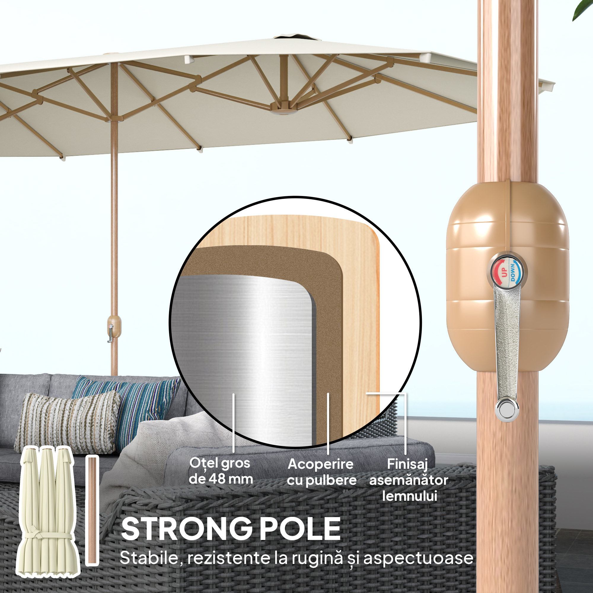  Umbrela Dubla cu Deschidere cu Manivela, din Otel si Poliester, 455x265x238 cm, Bej [5]