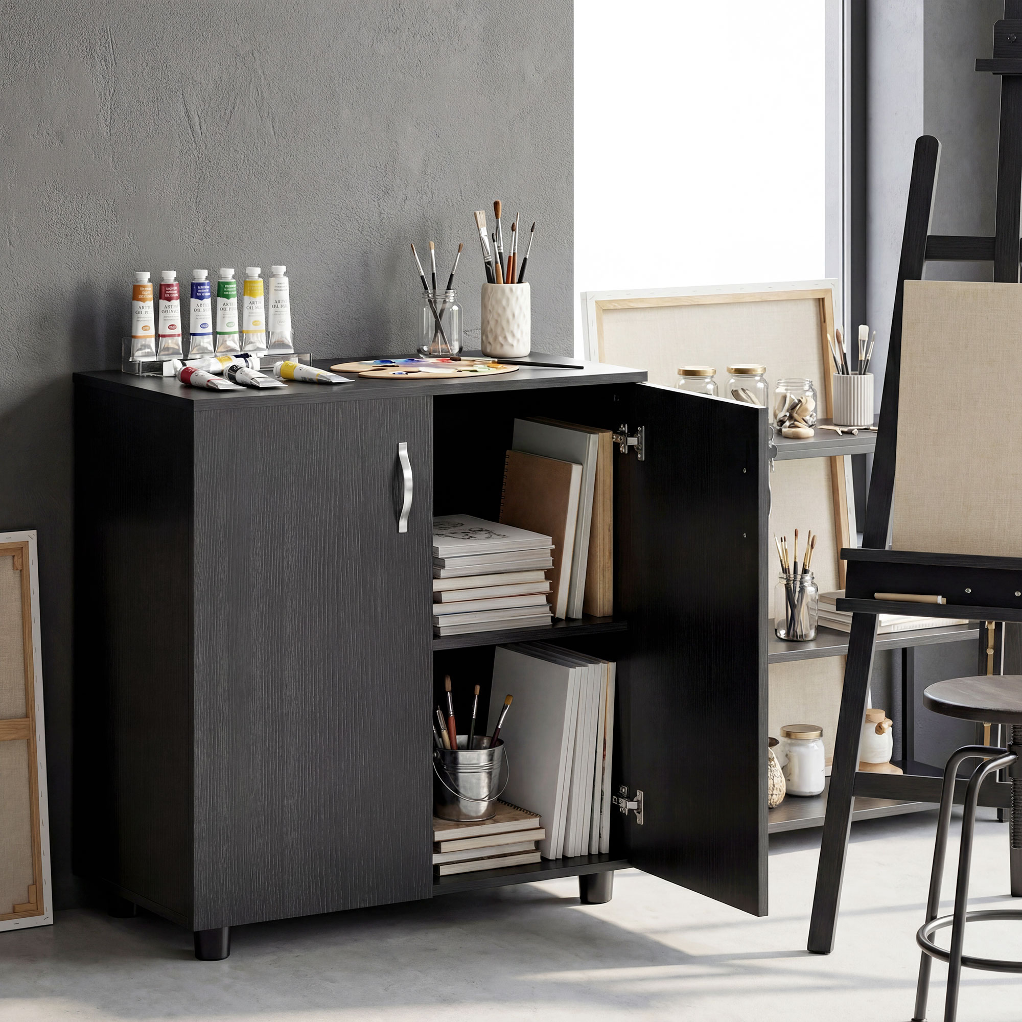  Dulap de Birou pentru Documente Multifunctional cu incuietoare, 2 Usi si Raft Interior, 80x40x80 cm, Negru [8]