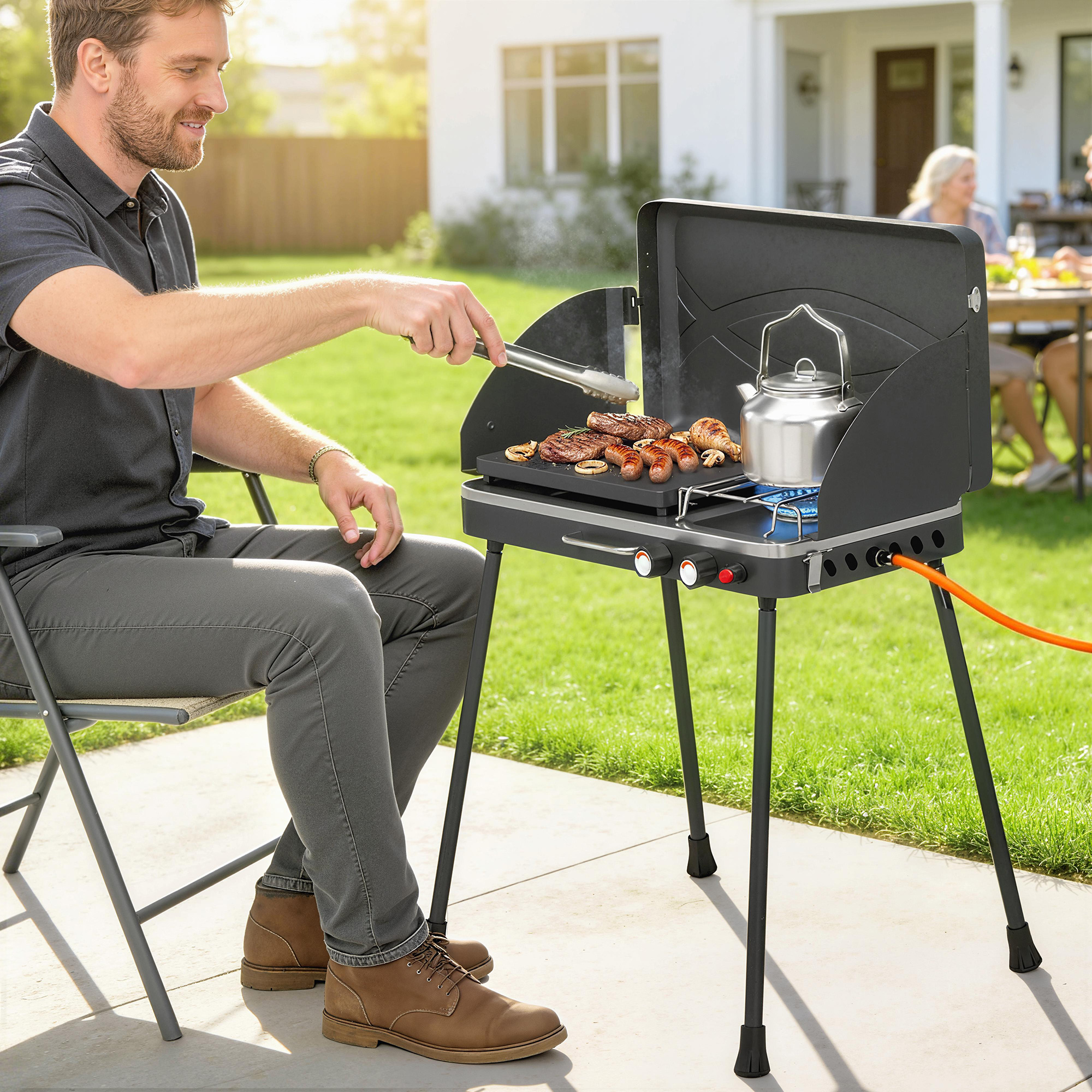  2-in-1 Portabil Gratar pe Gaz Propan, Grill si Aragaz, 7 kW, Negru [1]