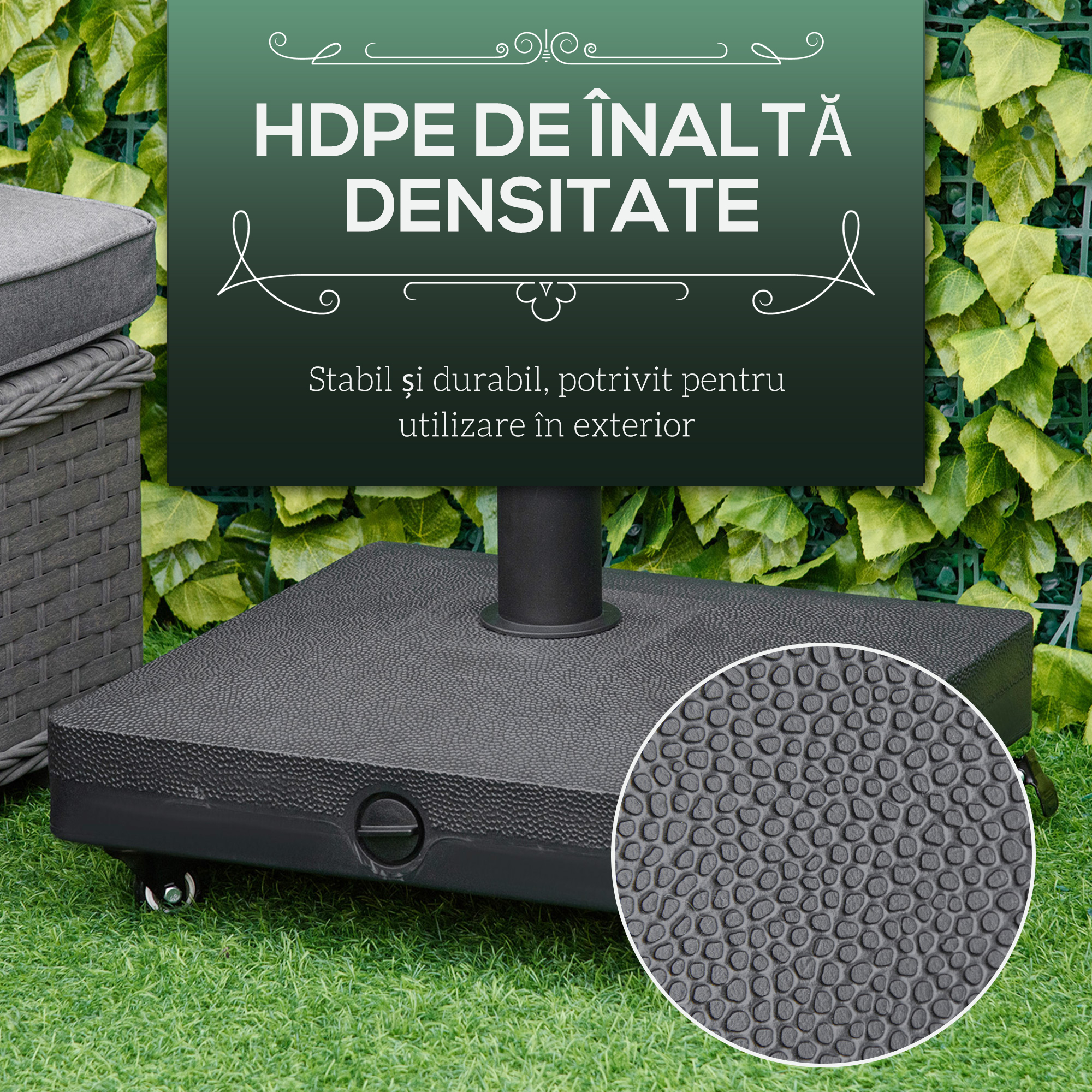  Baza pentru Umbrela de Soare cu Roti Se poate Umple pana la 20kg, Postament din HDPE pentru Stalpi de Ø38-48mm, 45x45x39cm, Negru [5]