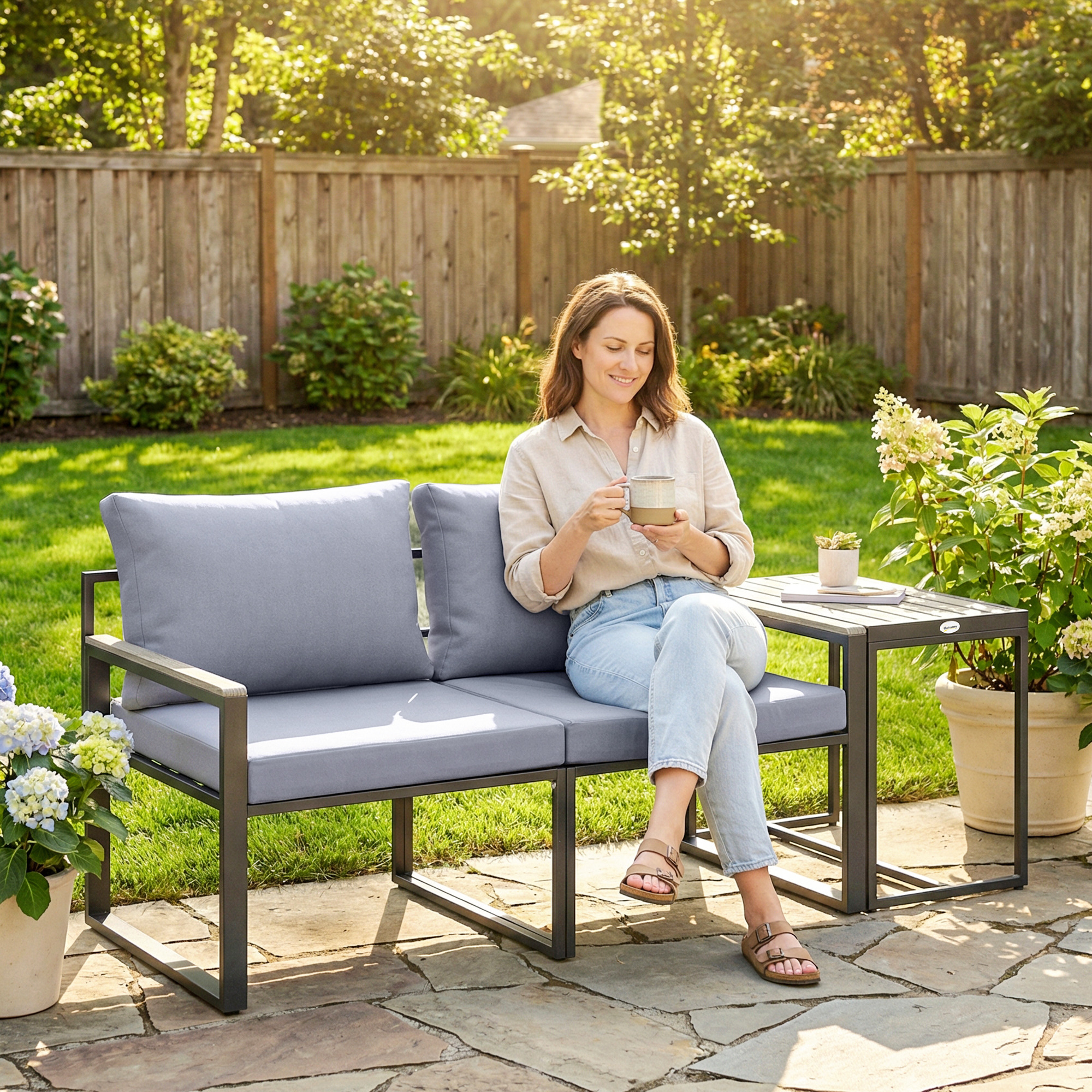  Set Bistro Gradina 3 Piese pentru 2 Persoane, Masa si Scaune Exterior cu sezut Textilen si Perne, Gri [7]