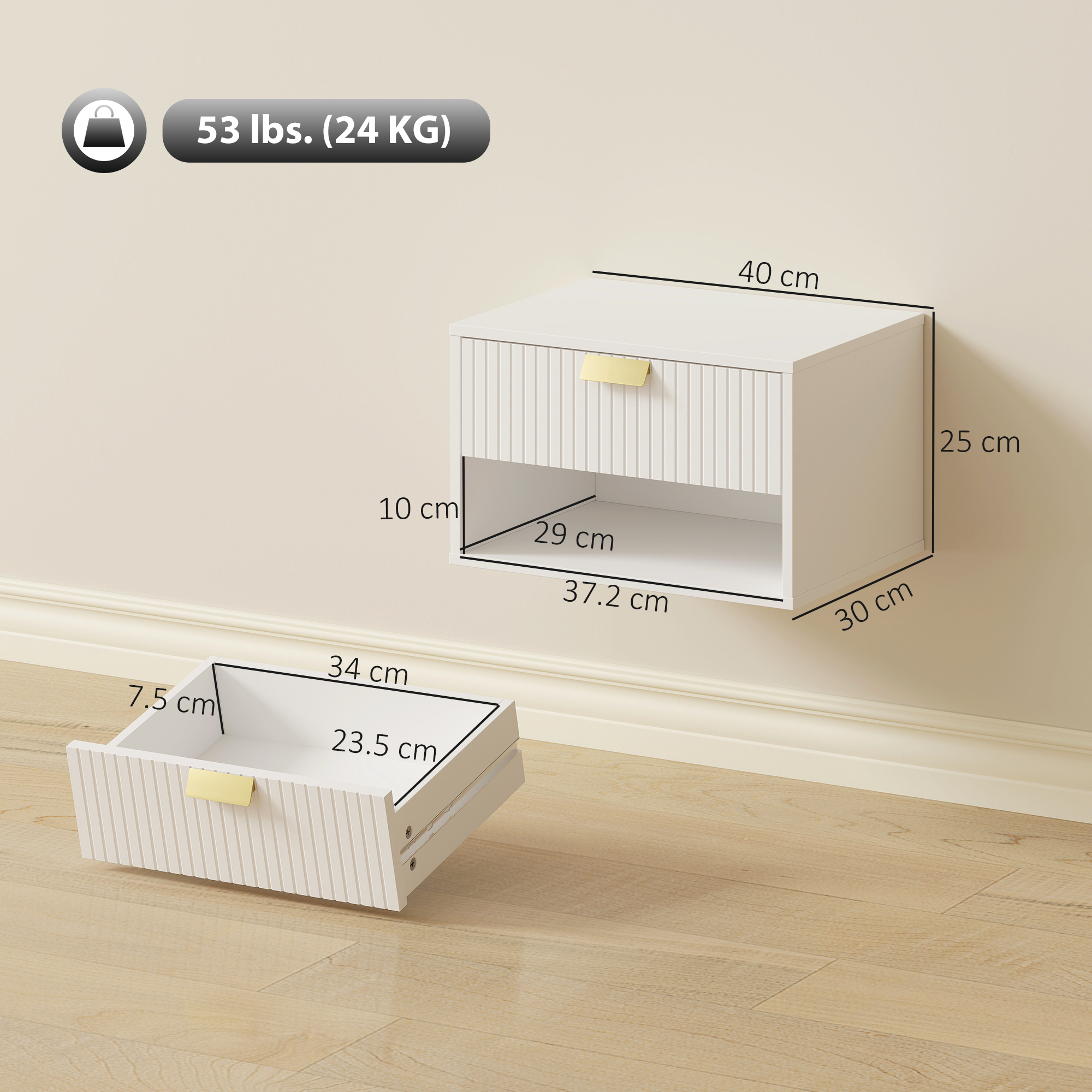  Set de 2 Noptiere Suspendate cu Sertar Decorat si Raft Deschis, Alb [2]