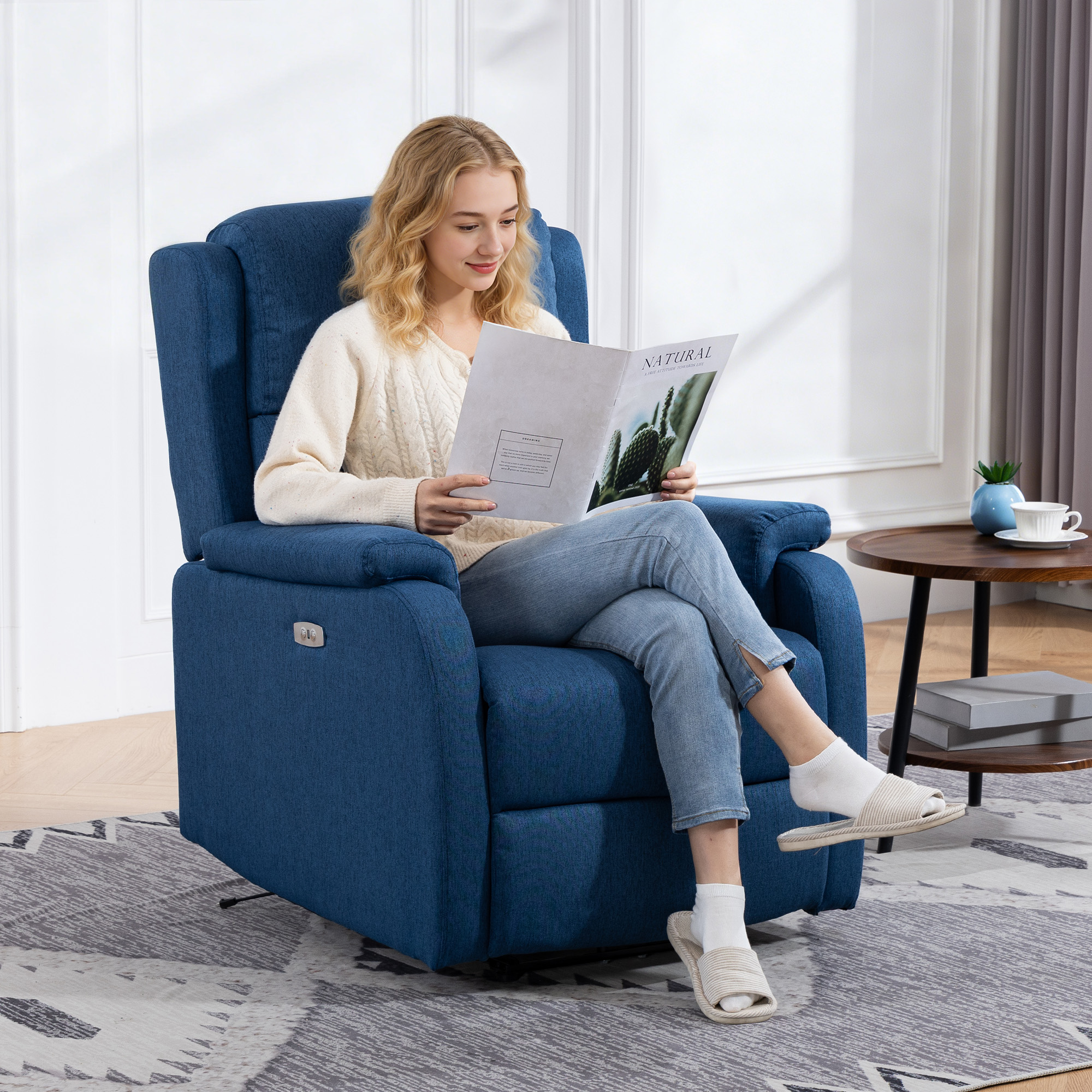  Fotoliu Electric Reclinabil cu Suport pentru Picioare, Material Textil cu Efect de In, 79x90x106 cm, Albastru [1]