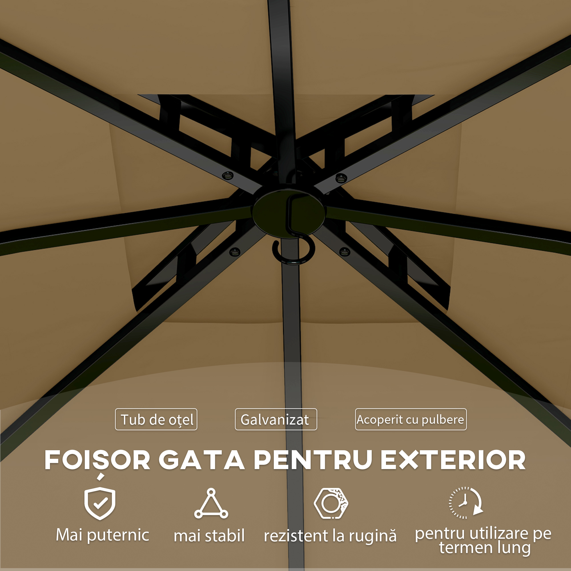  Foisor de Gradina 3.4x3.4m cu Pereti, Protectie UV si Acoperis pe 2 Niveluri, Bej [5]