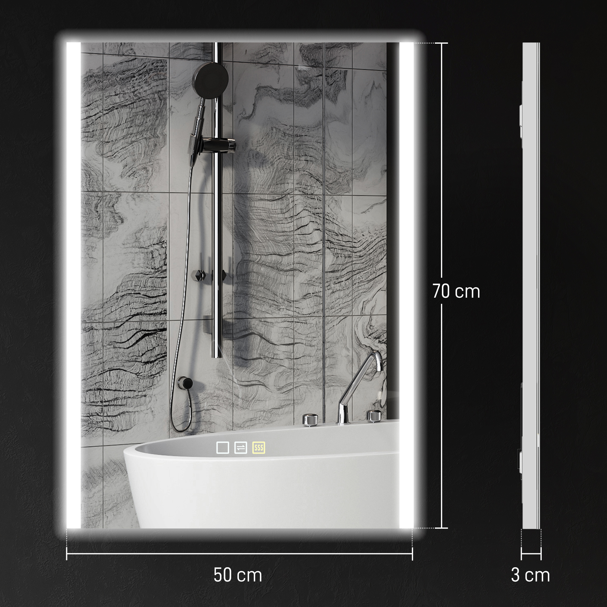  Oglinda de Baie cu Lumina LED in 3 Culori si Functie Memorie, din Sticla Temperata, 70x50x3 cm, Argintiu [2]