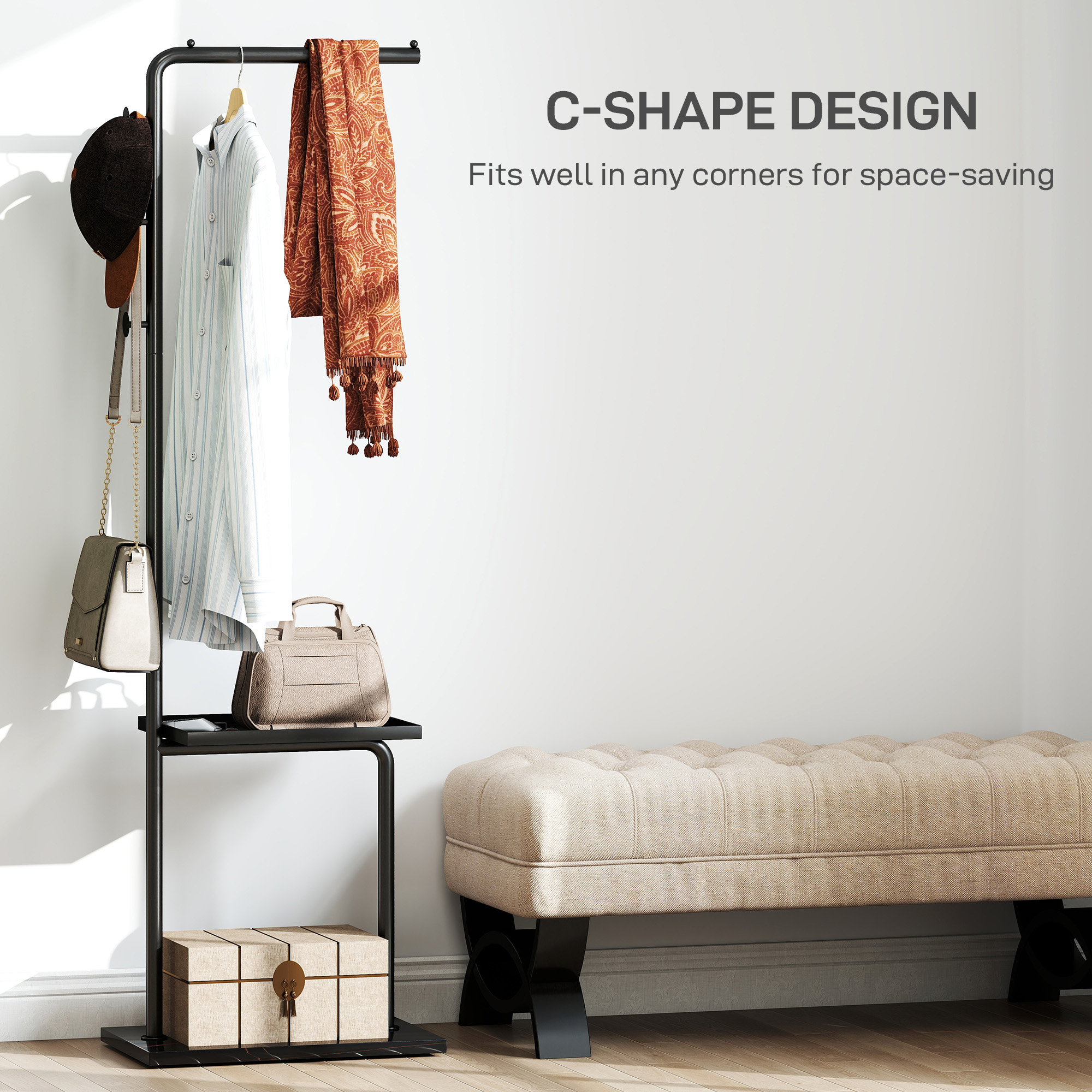  Cuier de Podea in Forma de C cu 3 Carlige, Baza din piatra si Picioare Antiderapante, 45x28x148 cm, Negru [5]