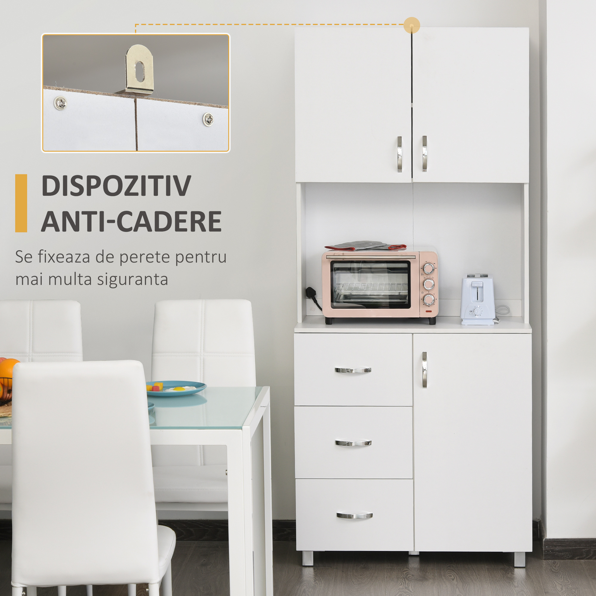  Bufet Lemn Alb - 2 Dulapuri, 3 Sertare & Raft Deschis [4]