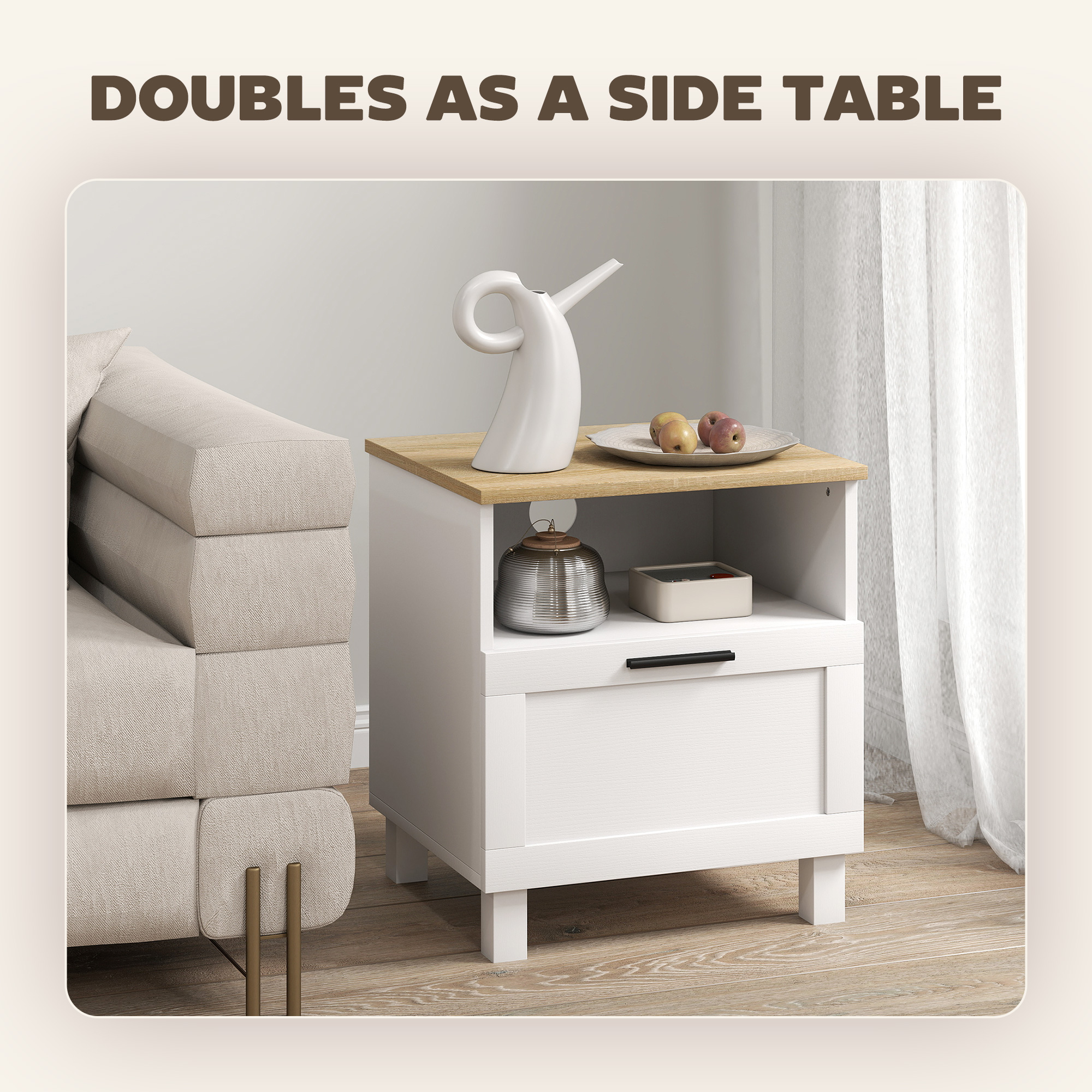  Noptiera Moderna Minimalista cu Sertar si Raft Deschis, din Lemn, 45x38x50 cm, Alb si Lemn Natural [4]