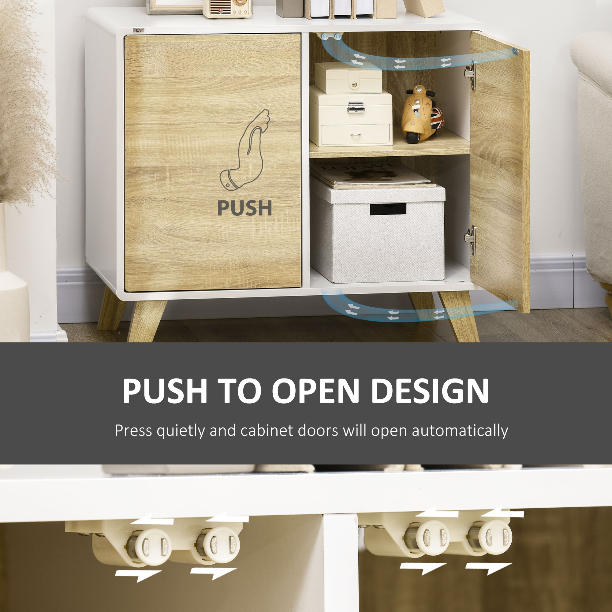  Mobilier multifunctional cu 2 usi de presiune si rafturi reglabile, dulap de living si dormitor din lemn, 80x40x70cm, alb si stejar [6]