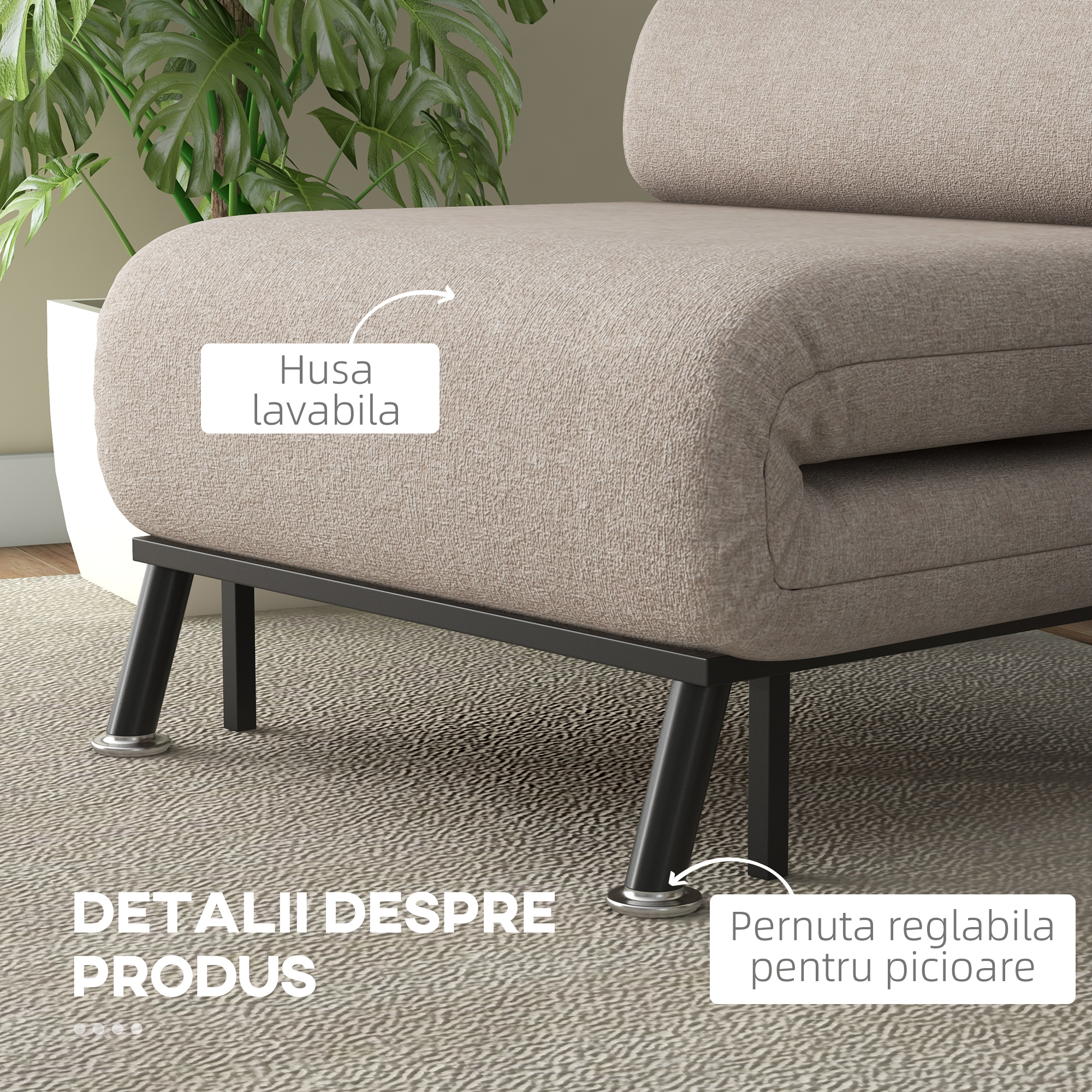  Fotoliu Pat Extensibil - 1 Persoana, cu Saltea & Perna Bej [6]