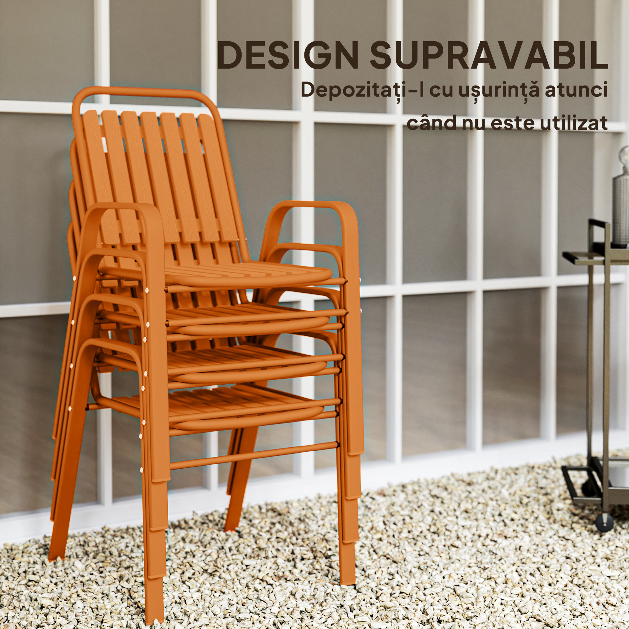  Set de 4 Scaune de Gradina Stivuibile cu Spatar inalt si Brate, 56x66x91 cm, Maro inchis [4]