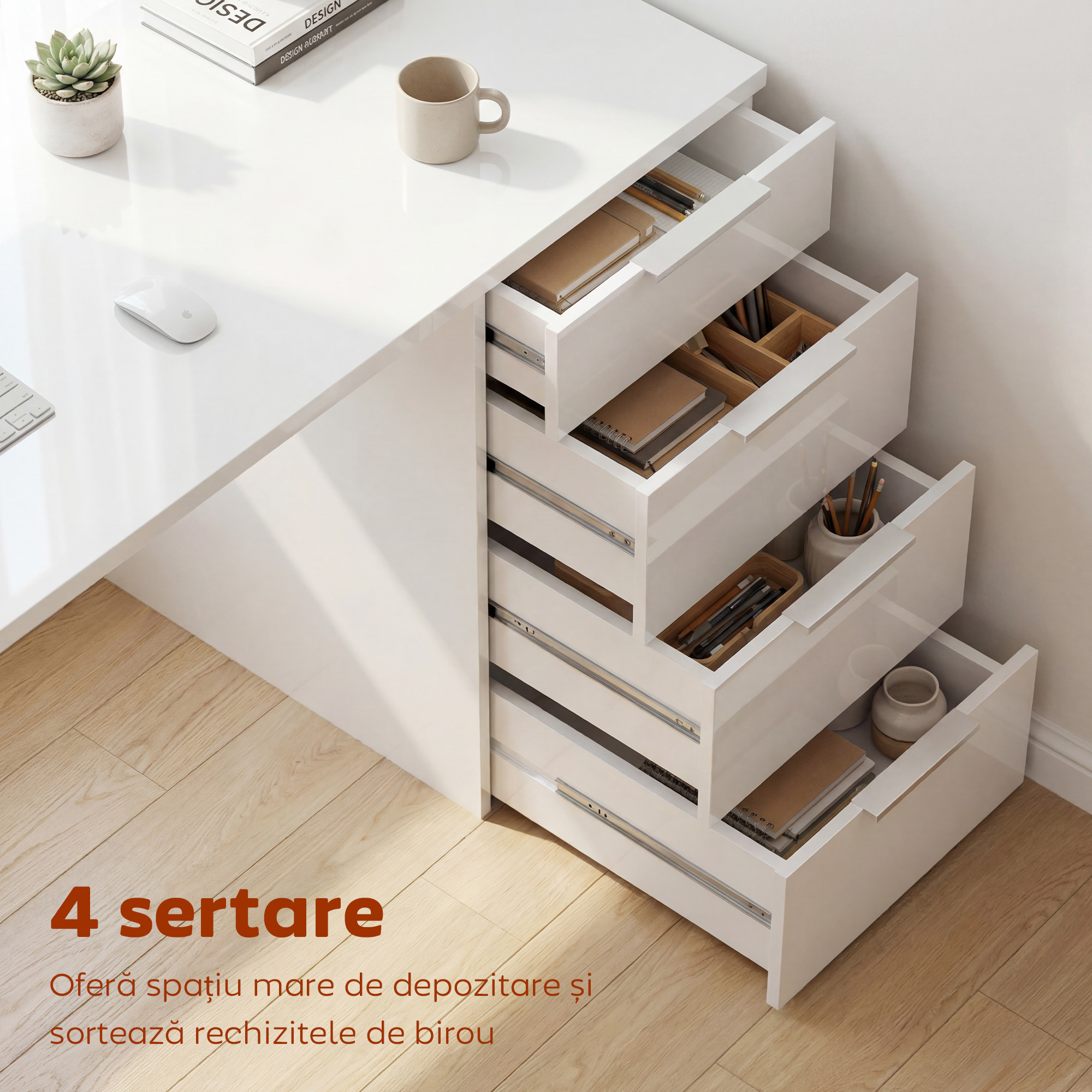  Birou Compact, 110x61.5x75 cm, Birou Modern cu 4 Sertare, Masa pentru Computer, pentru Acasa, Studiu, Camera sau Birou, Alb Lucios [4]