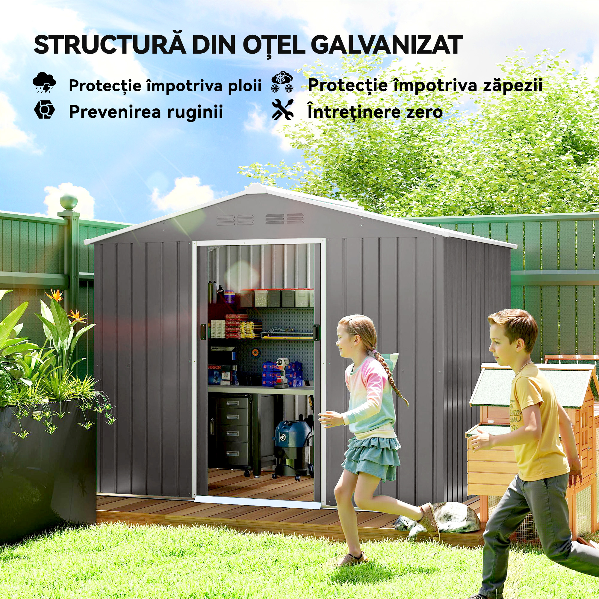  Casuta de gradina 2,3x1,7 m din otel cu orificii de aerisire si usi duble glisante, efect lemn [3]